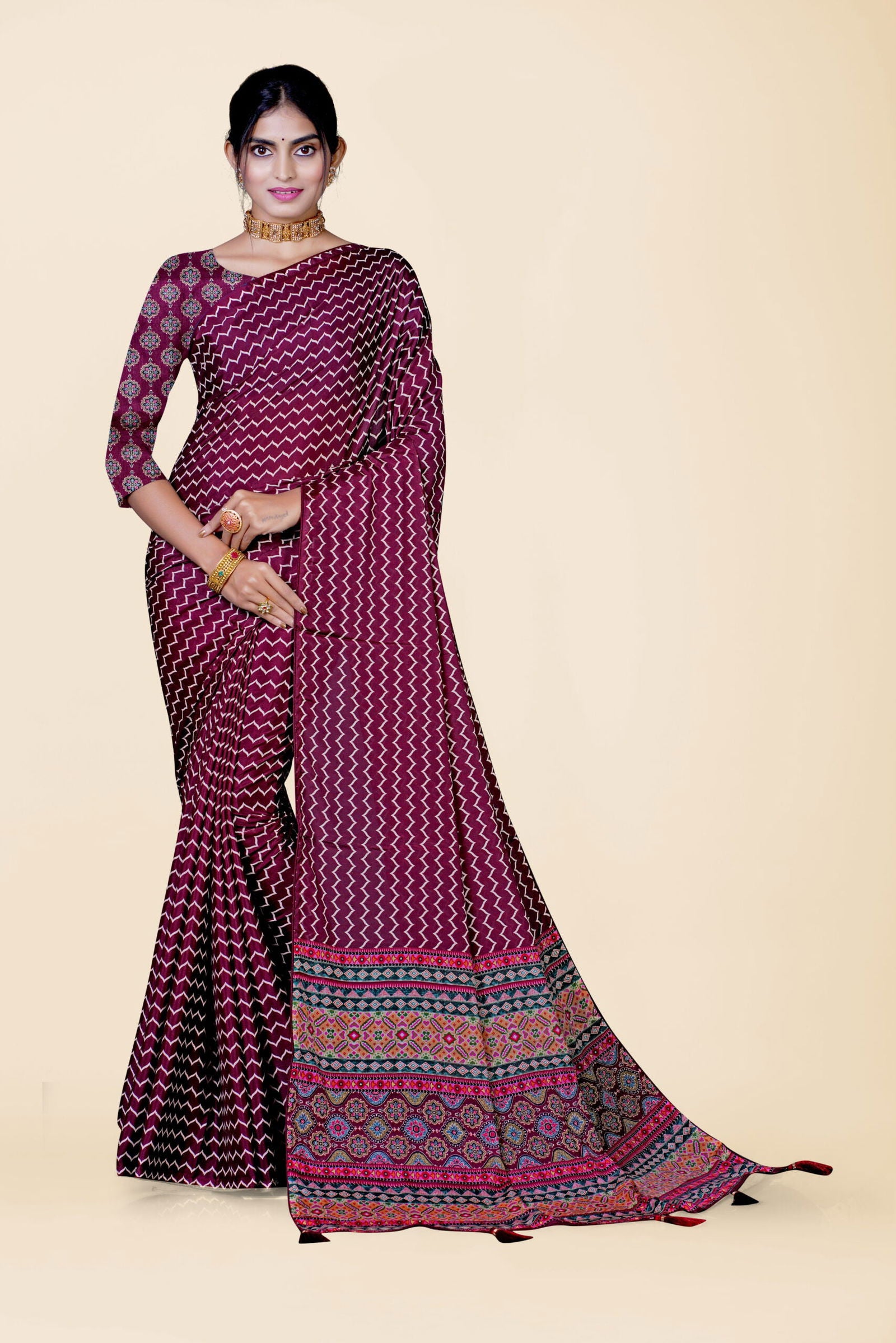 Maroon Block Print Cotton Saree - KAJREE