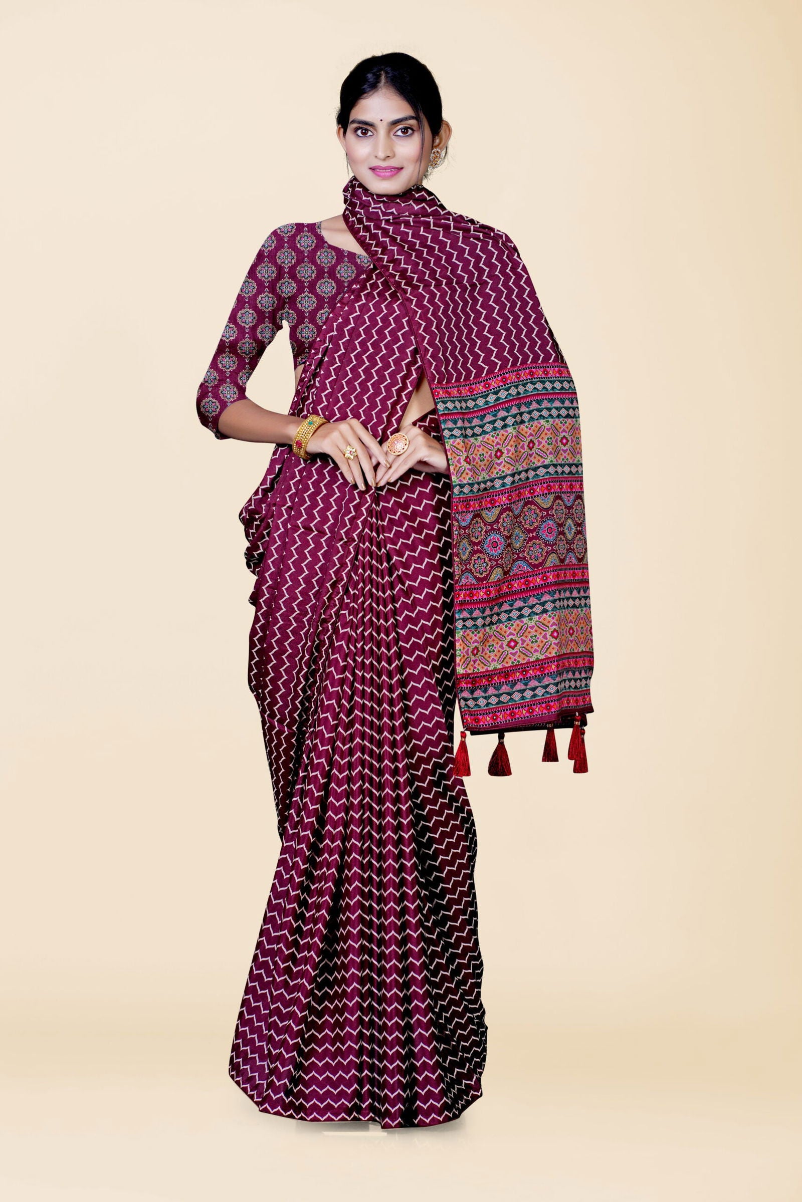 Maroon Block Print Cotton Saree - KAJREE