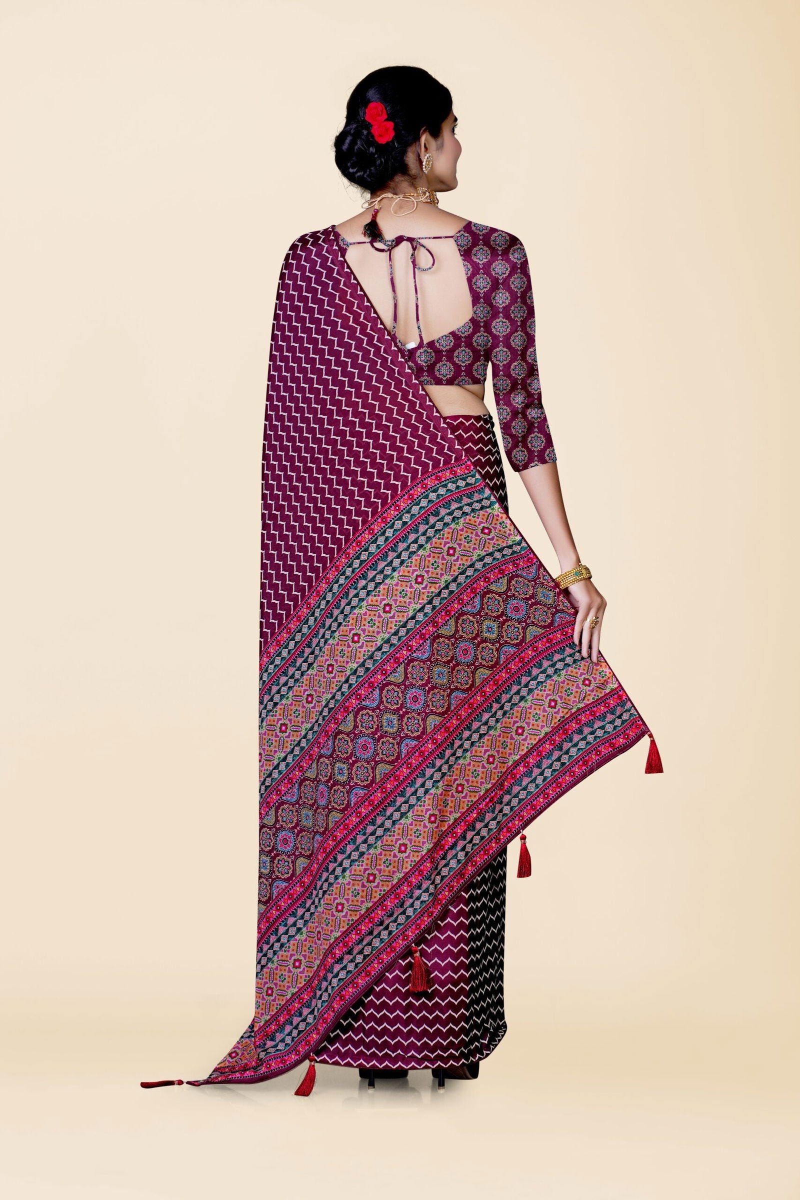 Maroon Block Print Cotton Saree - KAJREE