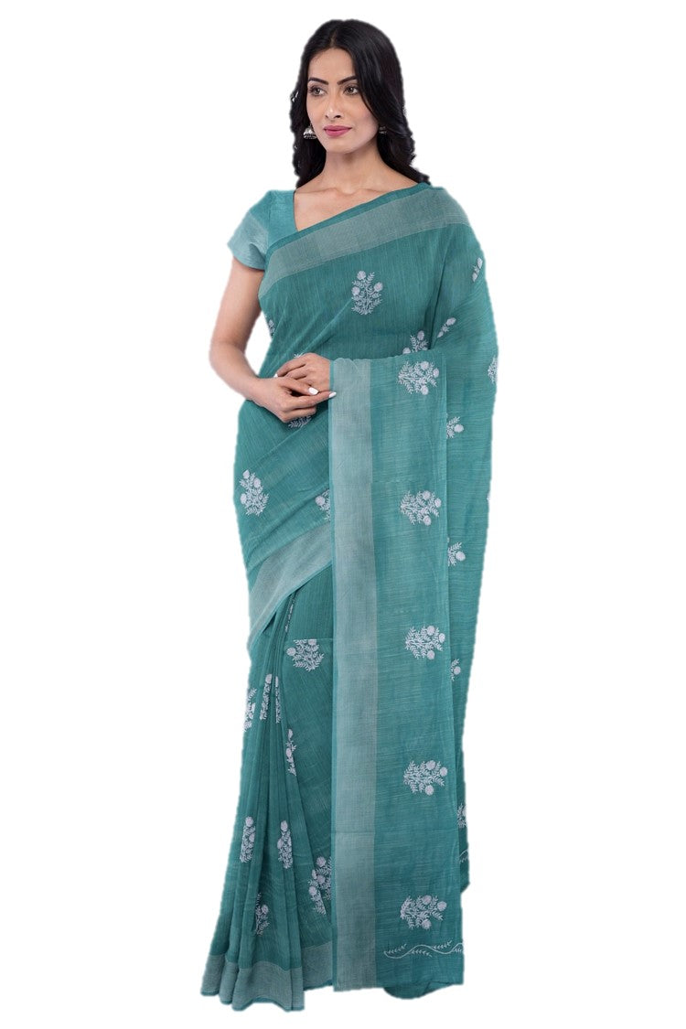 Peacock Blue Threadwork Linen Saree 