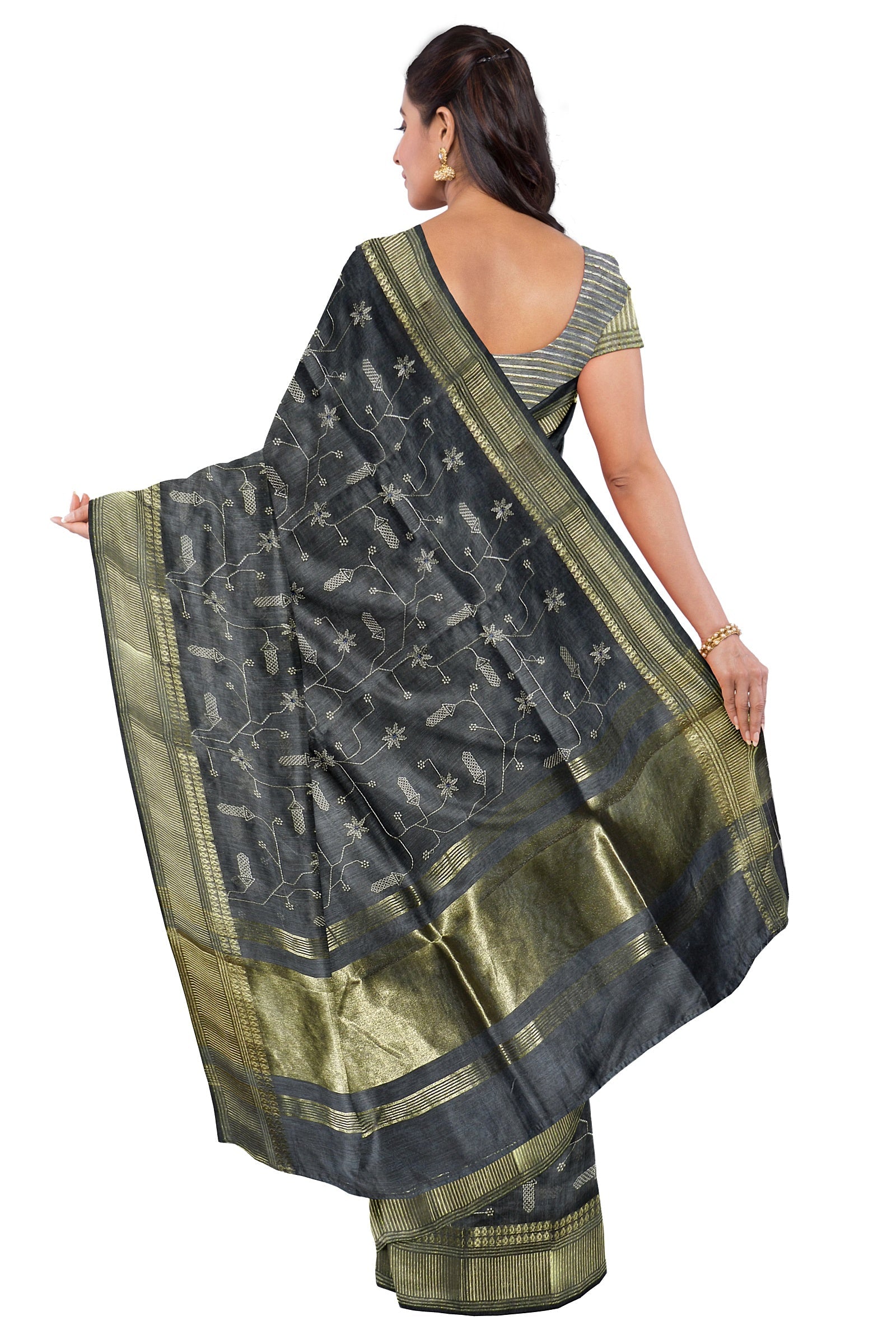 Grey Threadwork Cotton Saree 