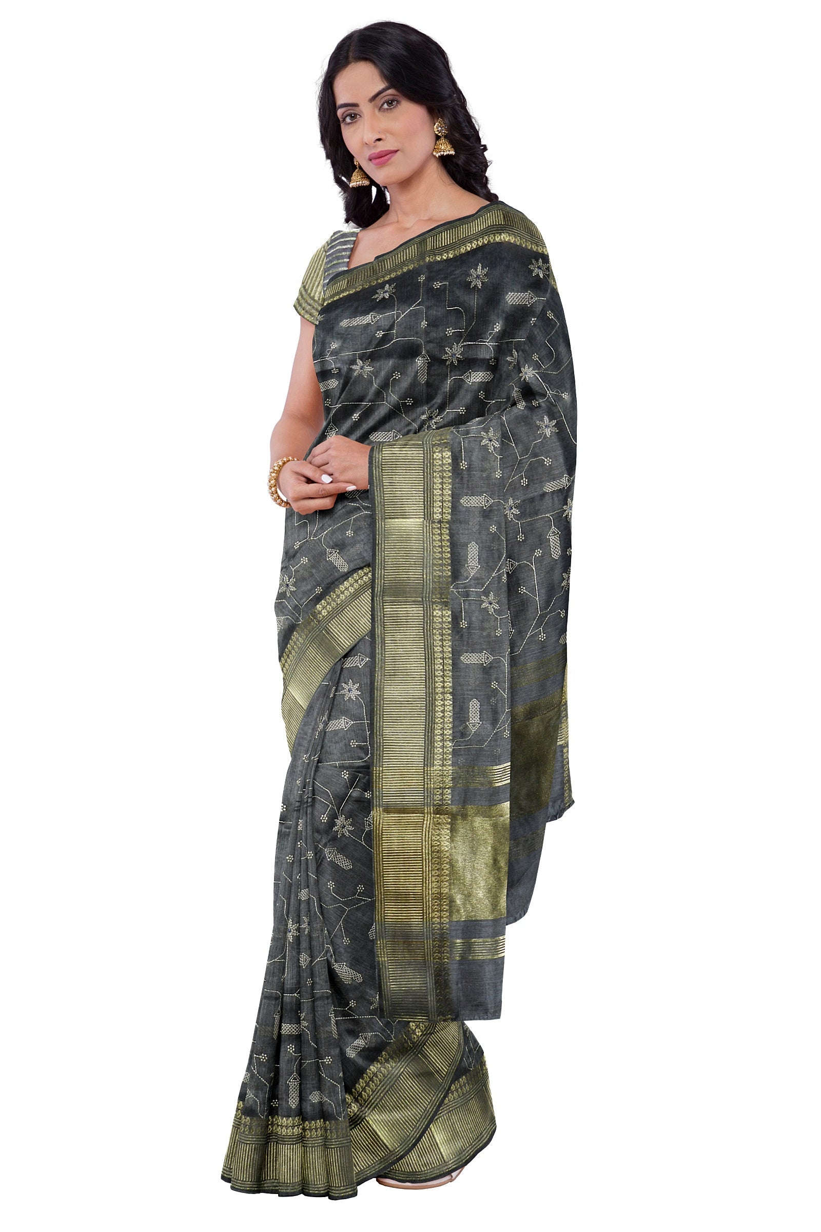 Grey Threadwork Cotton Saree 