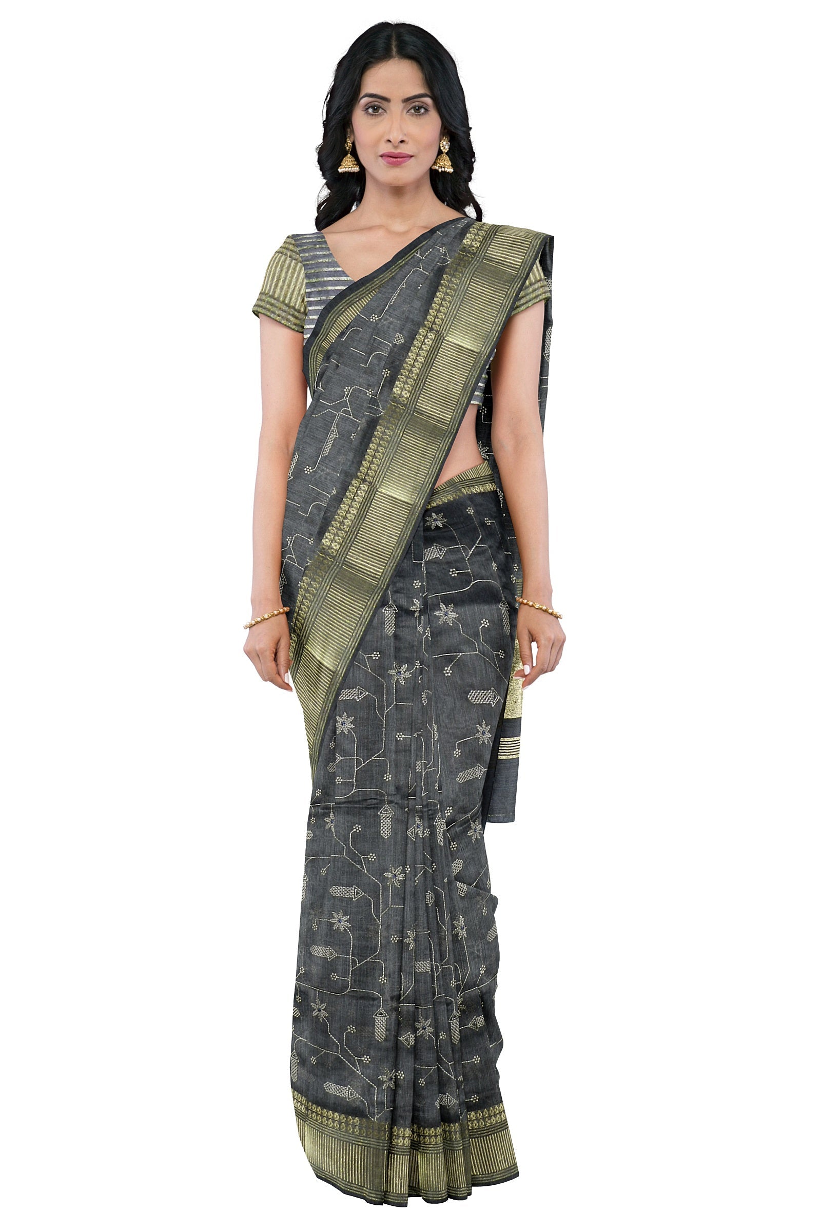 Grey Threadwork Cotton Saree 