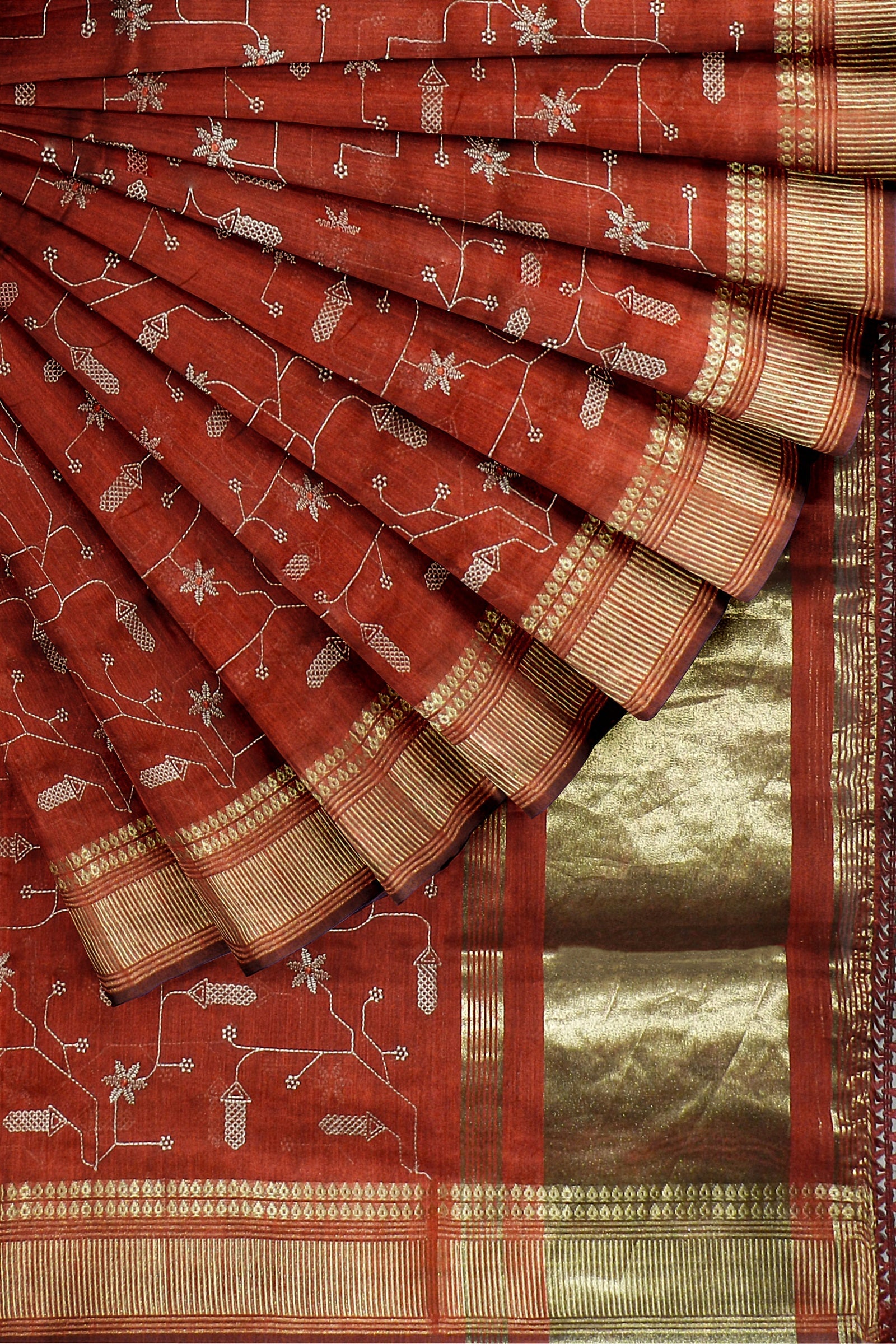 Red Threadwork Cotton Saree 