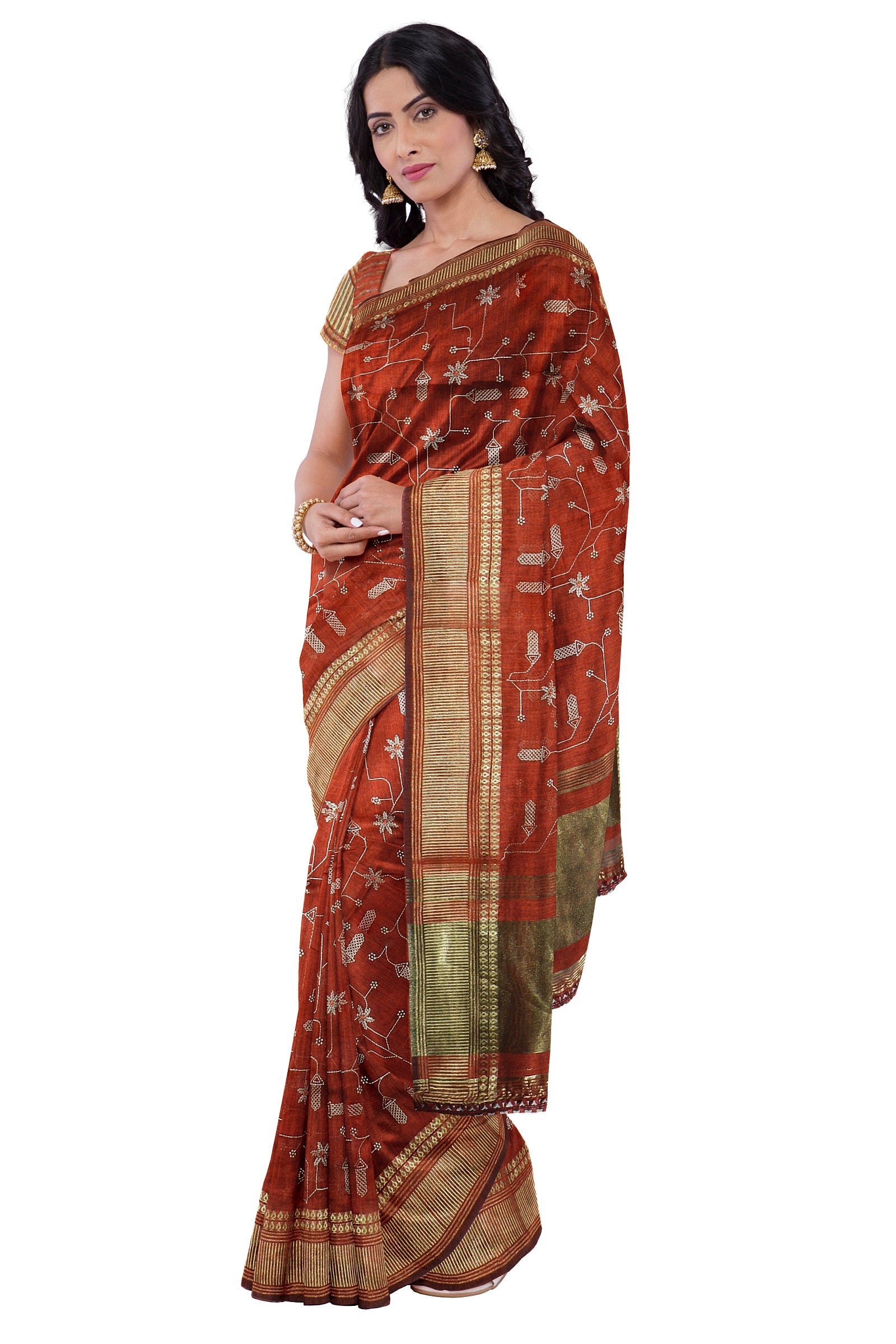 Red Threadwork Cotton Saree  - Kajree