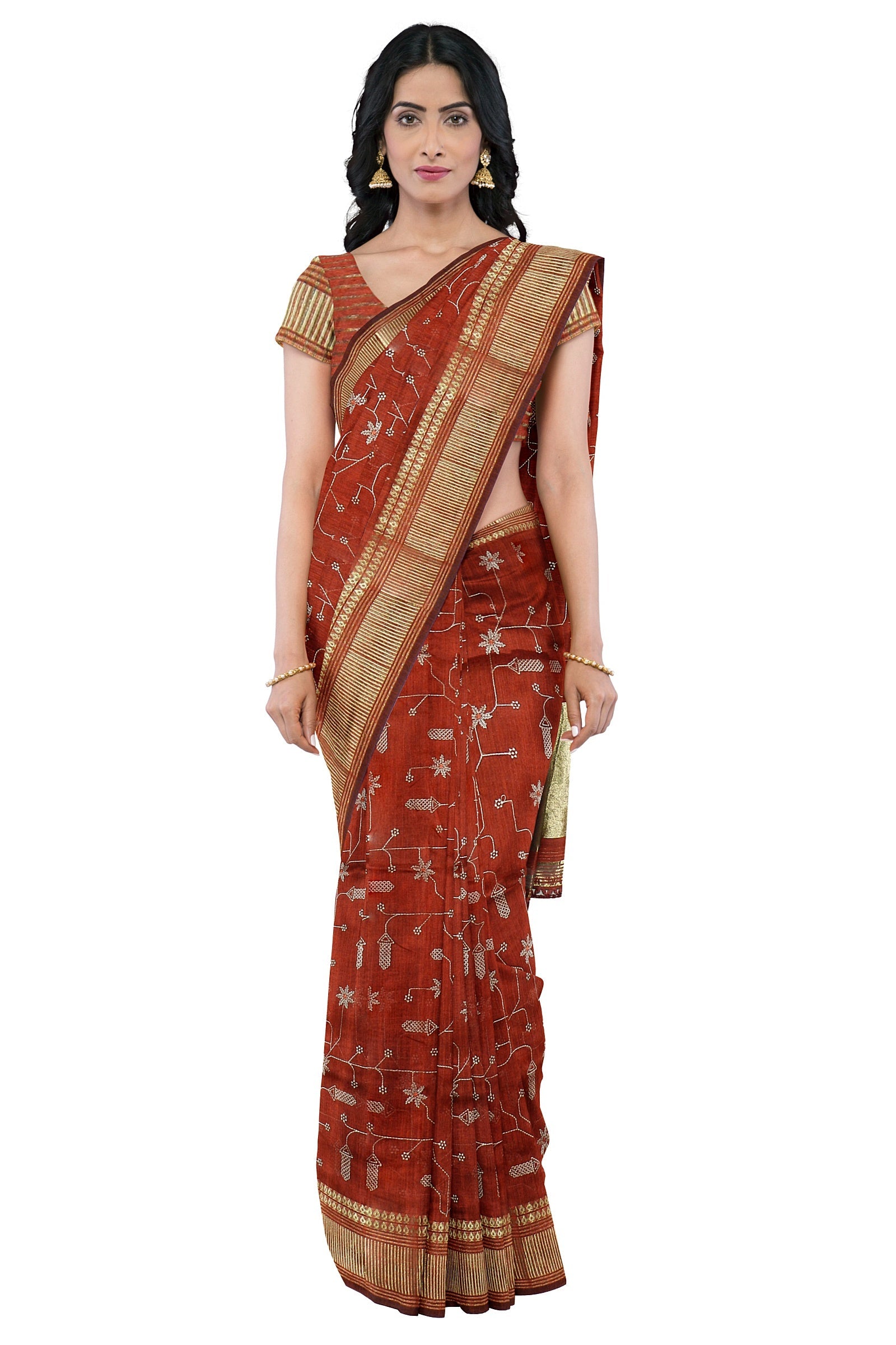 Red Threadwork Cotton Saree 