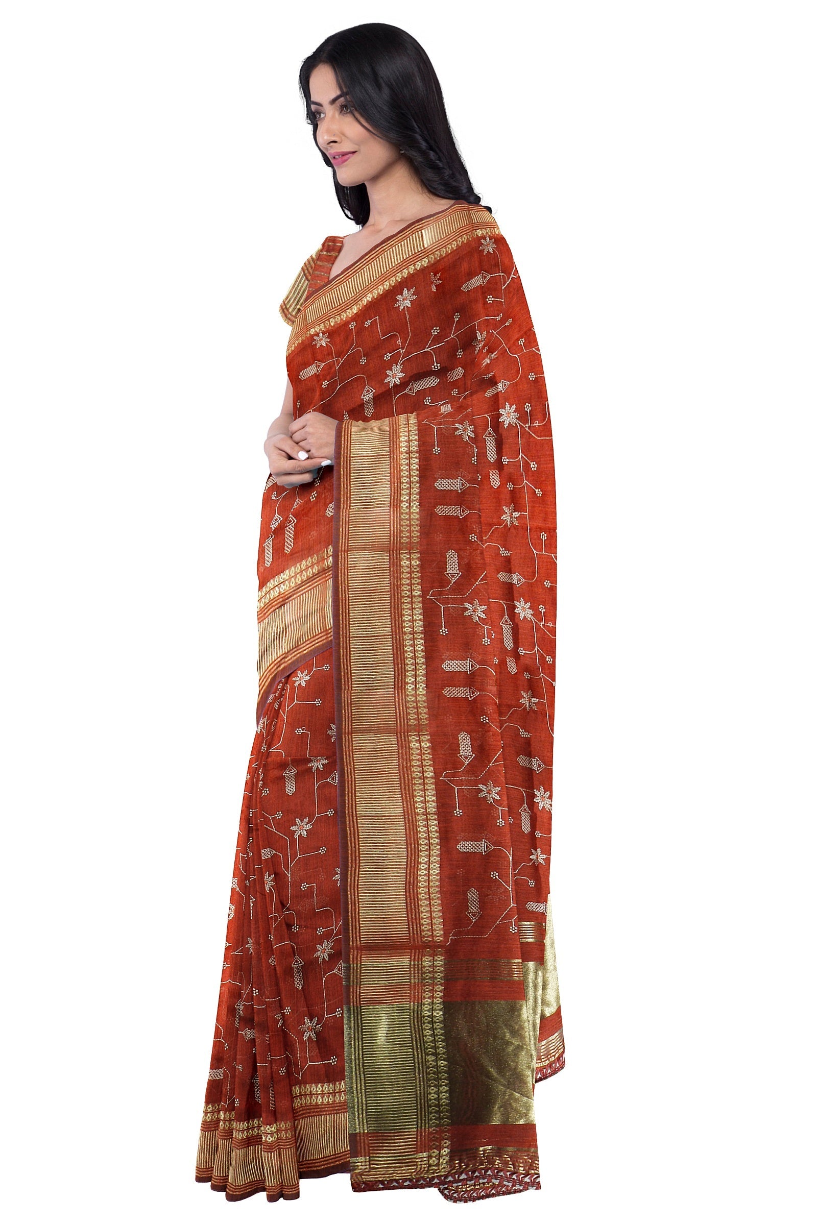 Red Threadwork Cotton Saree 