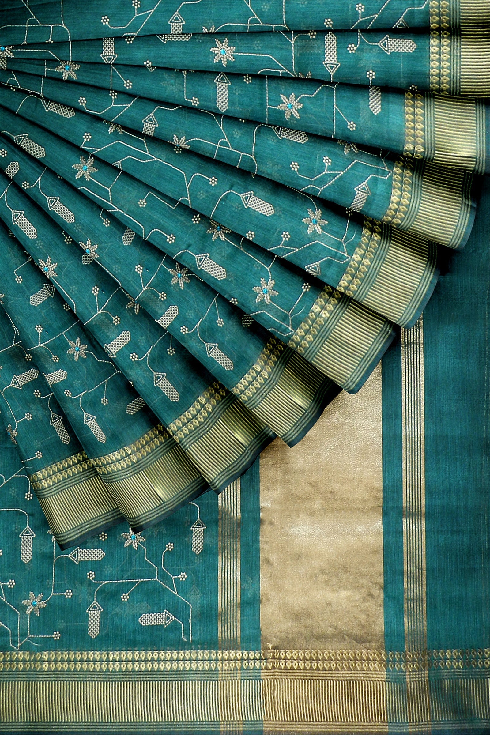 Peacock Green Threadwork Cotton Saree 