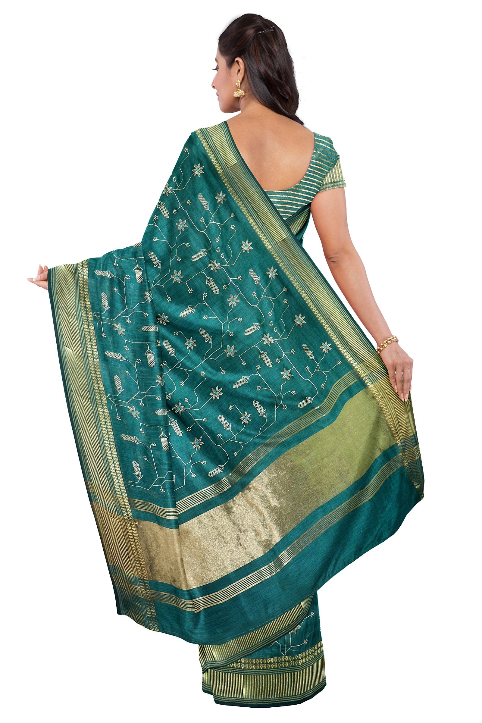 Peacock Green Threadwork Cotton Saree 