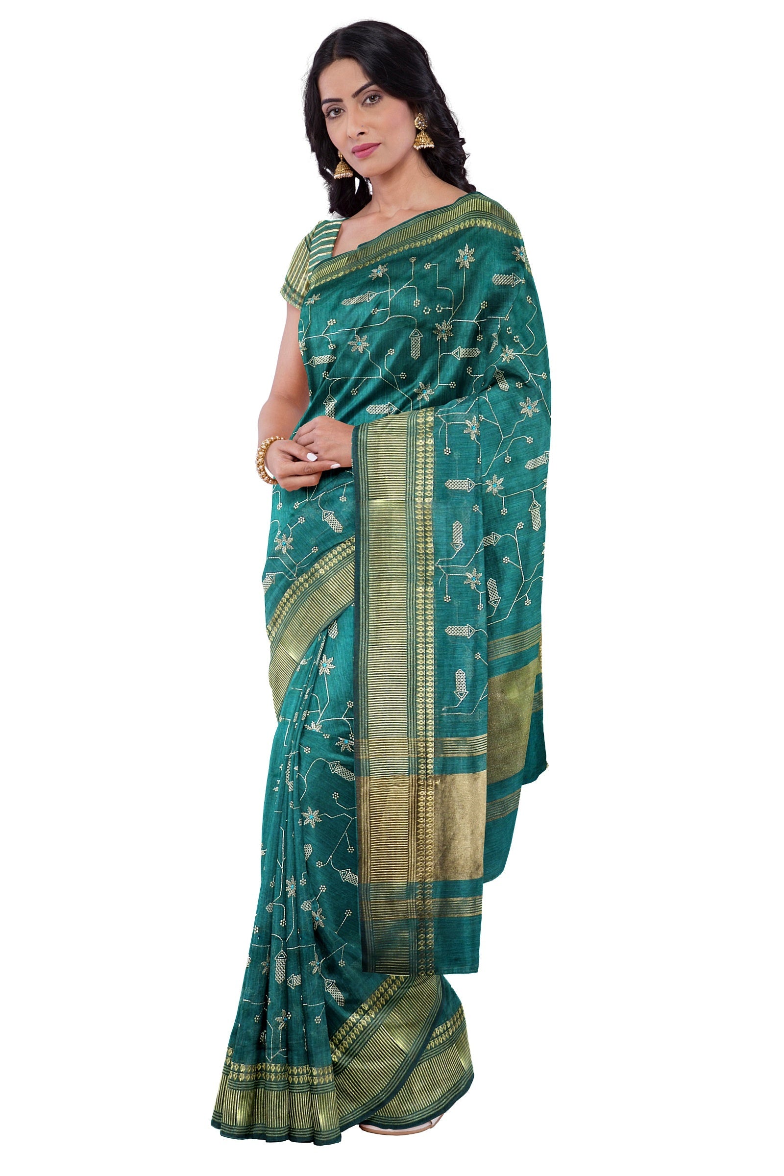 Peacock Green Threadwork Cotton Saree 