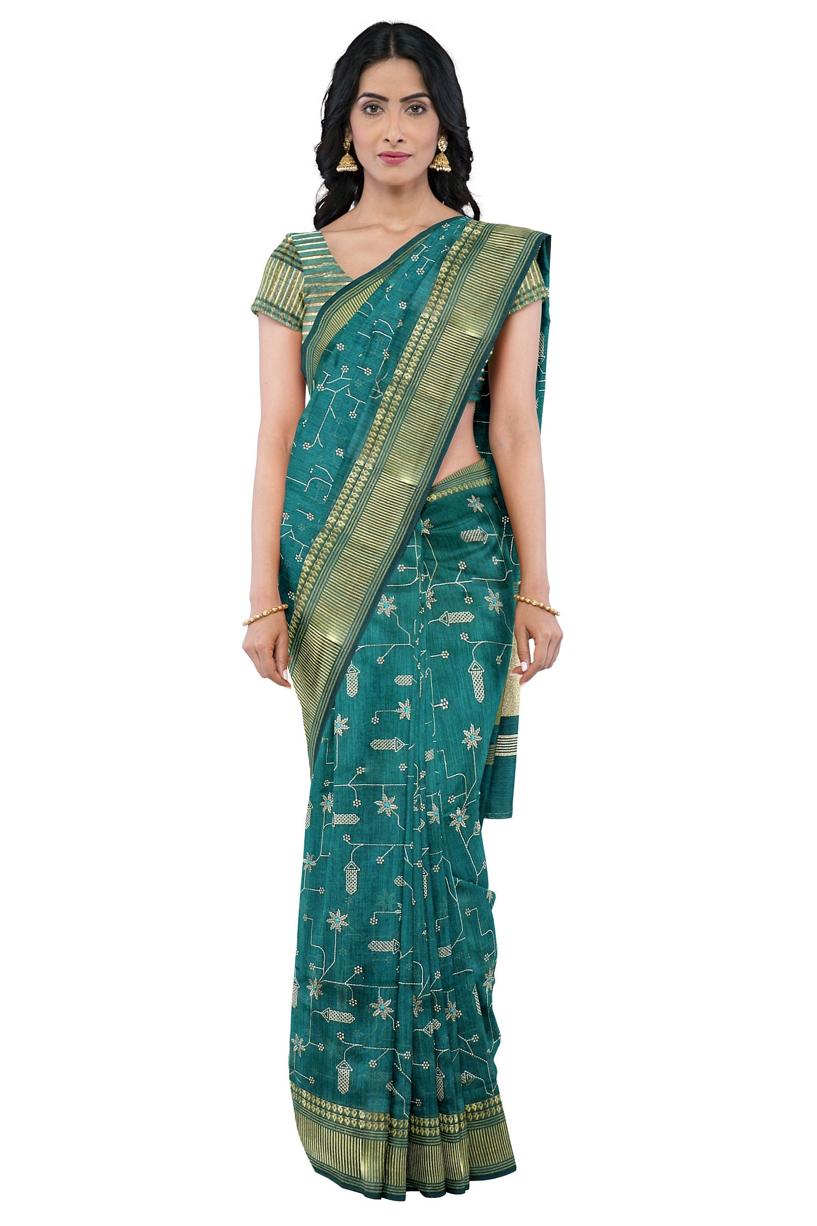 Peacock Green Threadwork Cotton Saree 