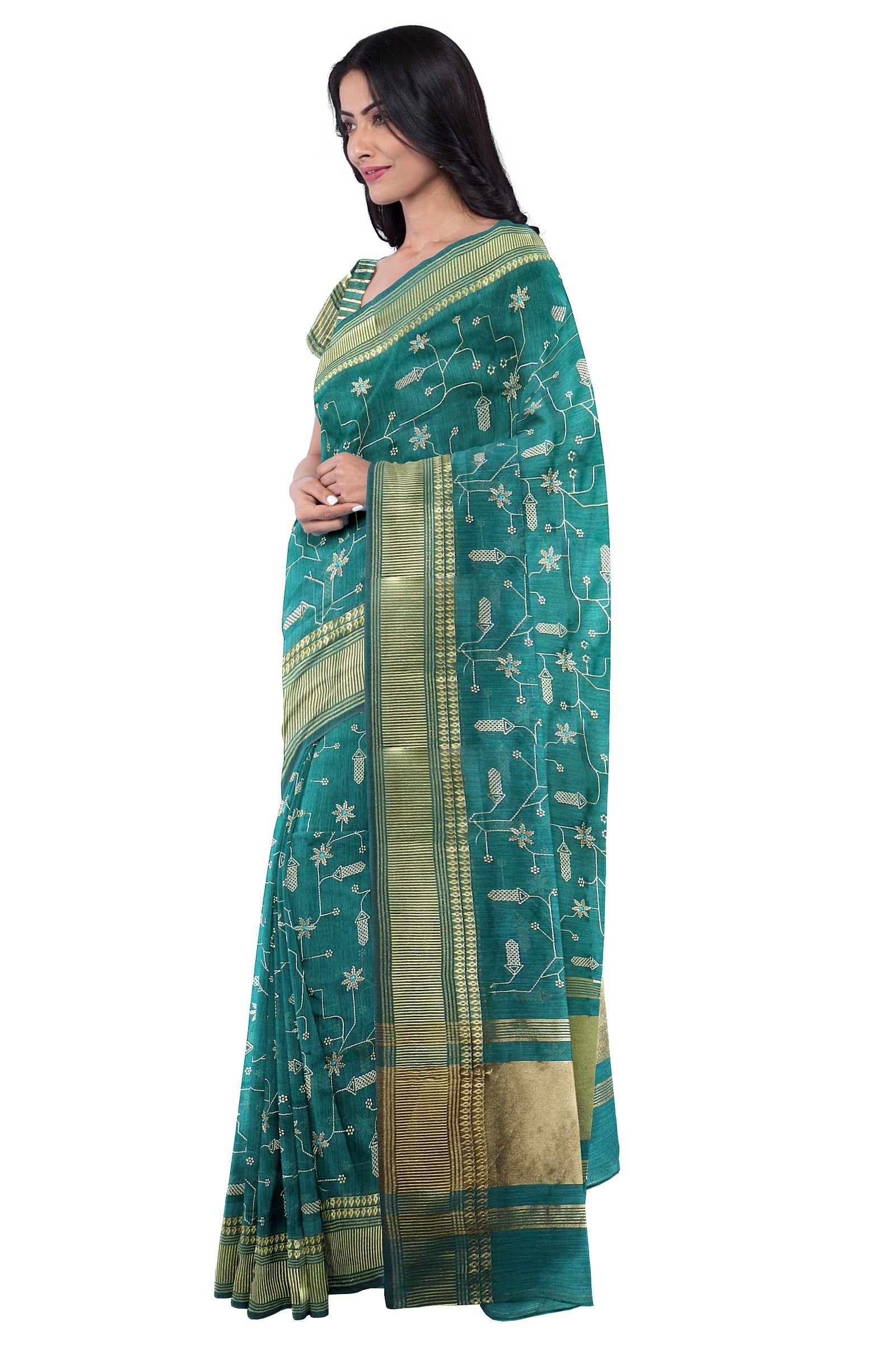 Peacock Green Threadwork Cotton Saree 
