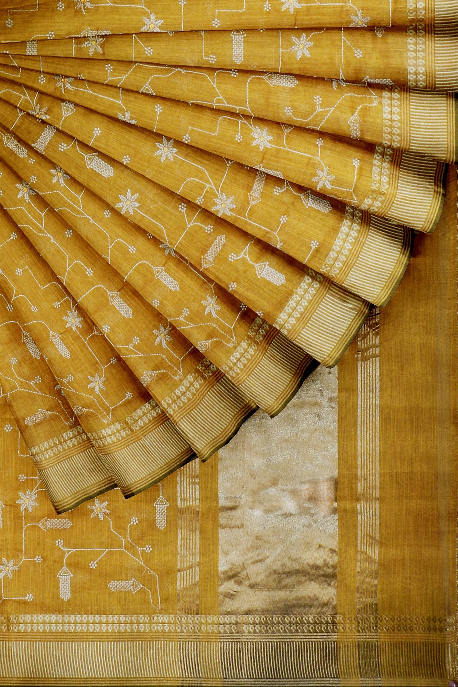 Mustard Threadwork Cotton Saree 
