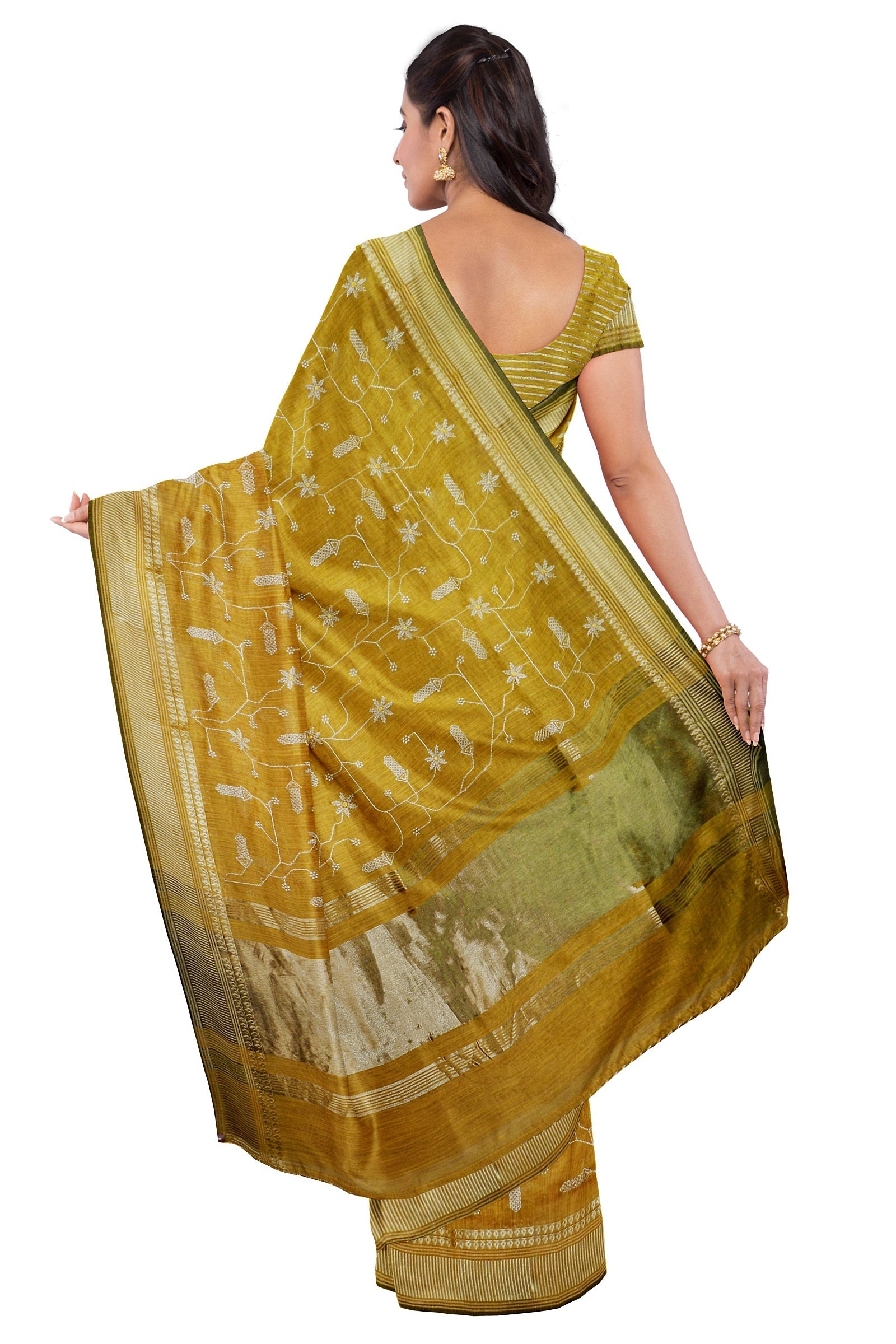 Mustard Threadwork Cotton Saree 