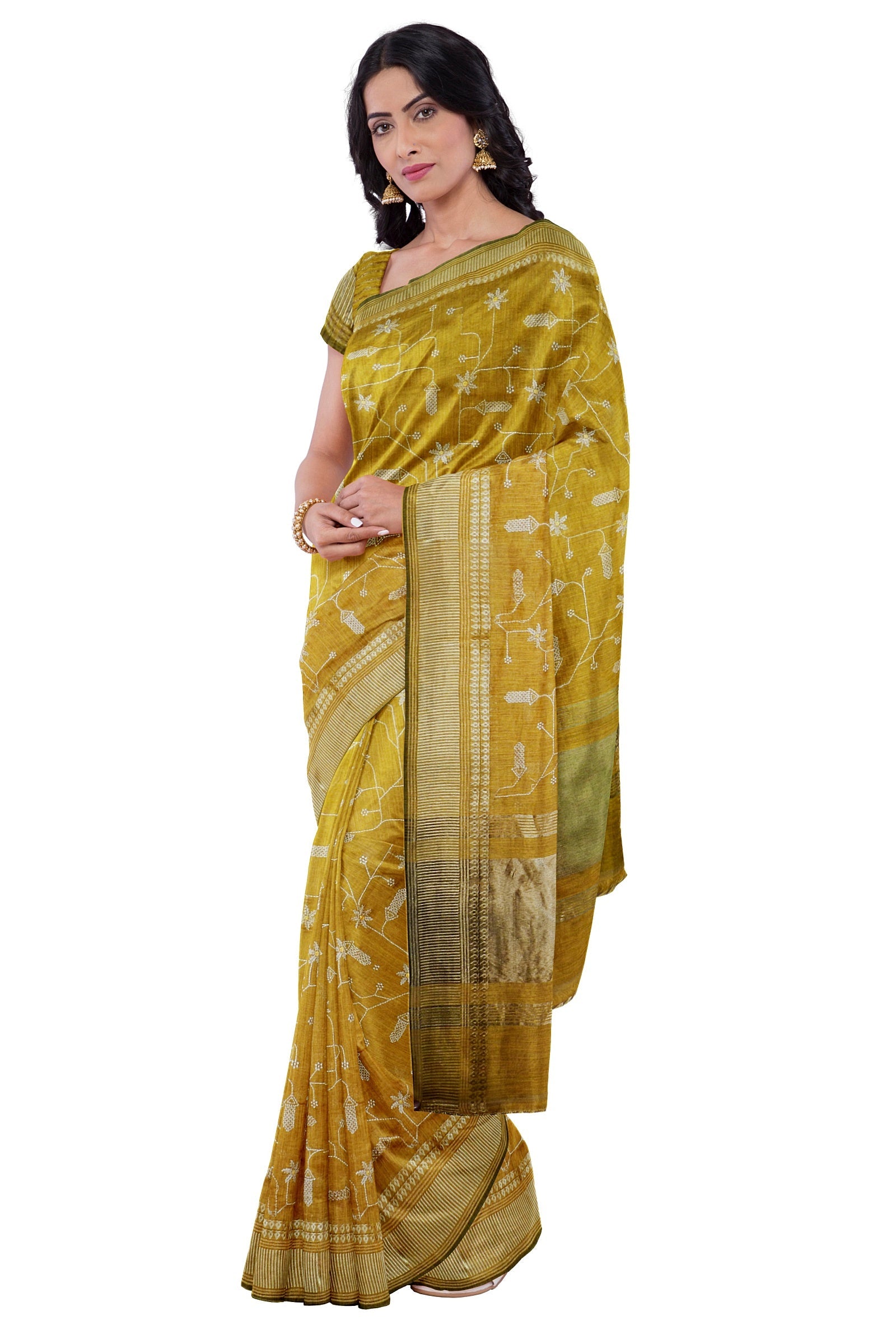 Mustard Threadwork Cotton Saree  - Kajree