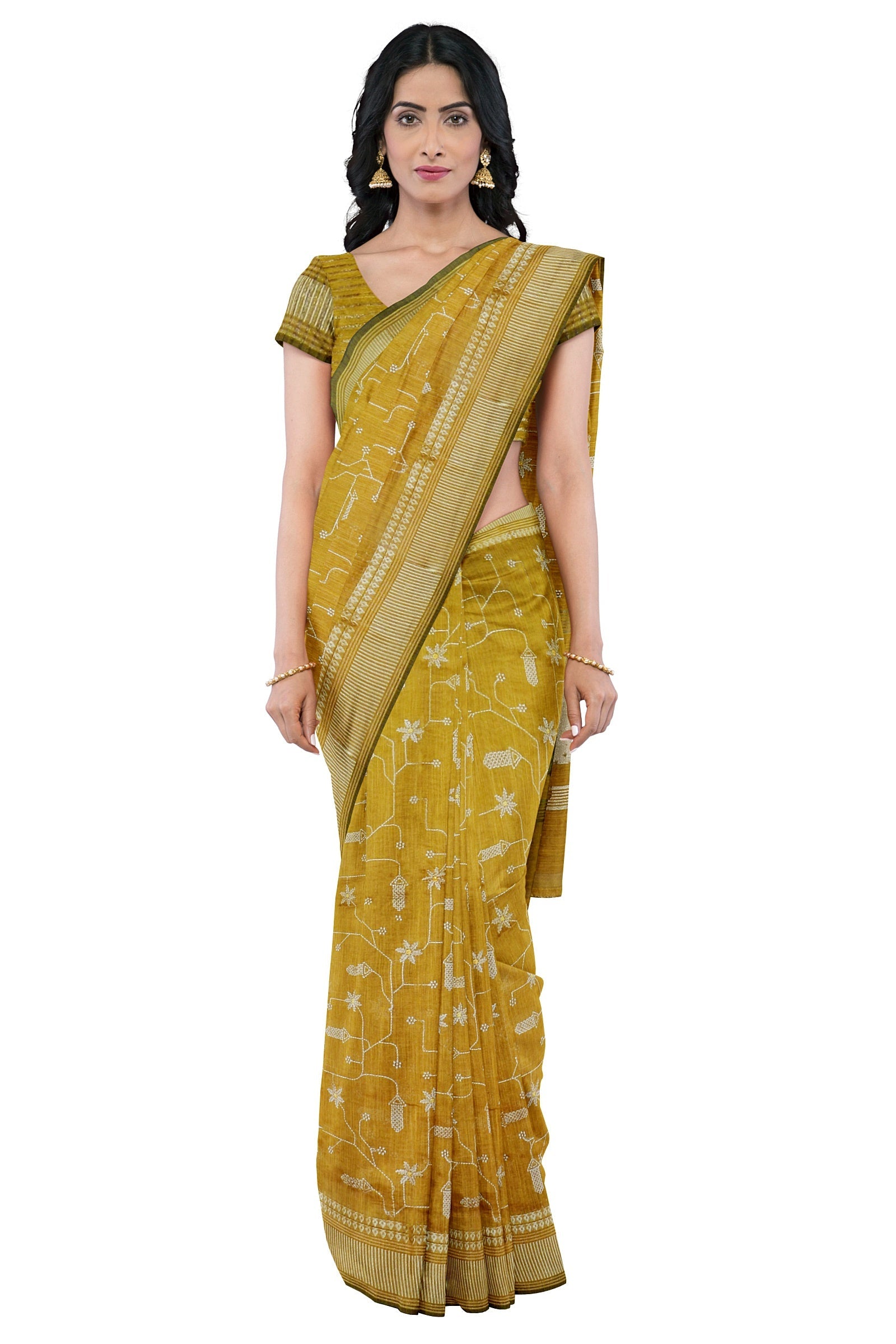 Mustard Threadwork Cotton Saree 