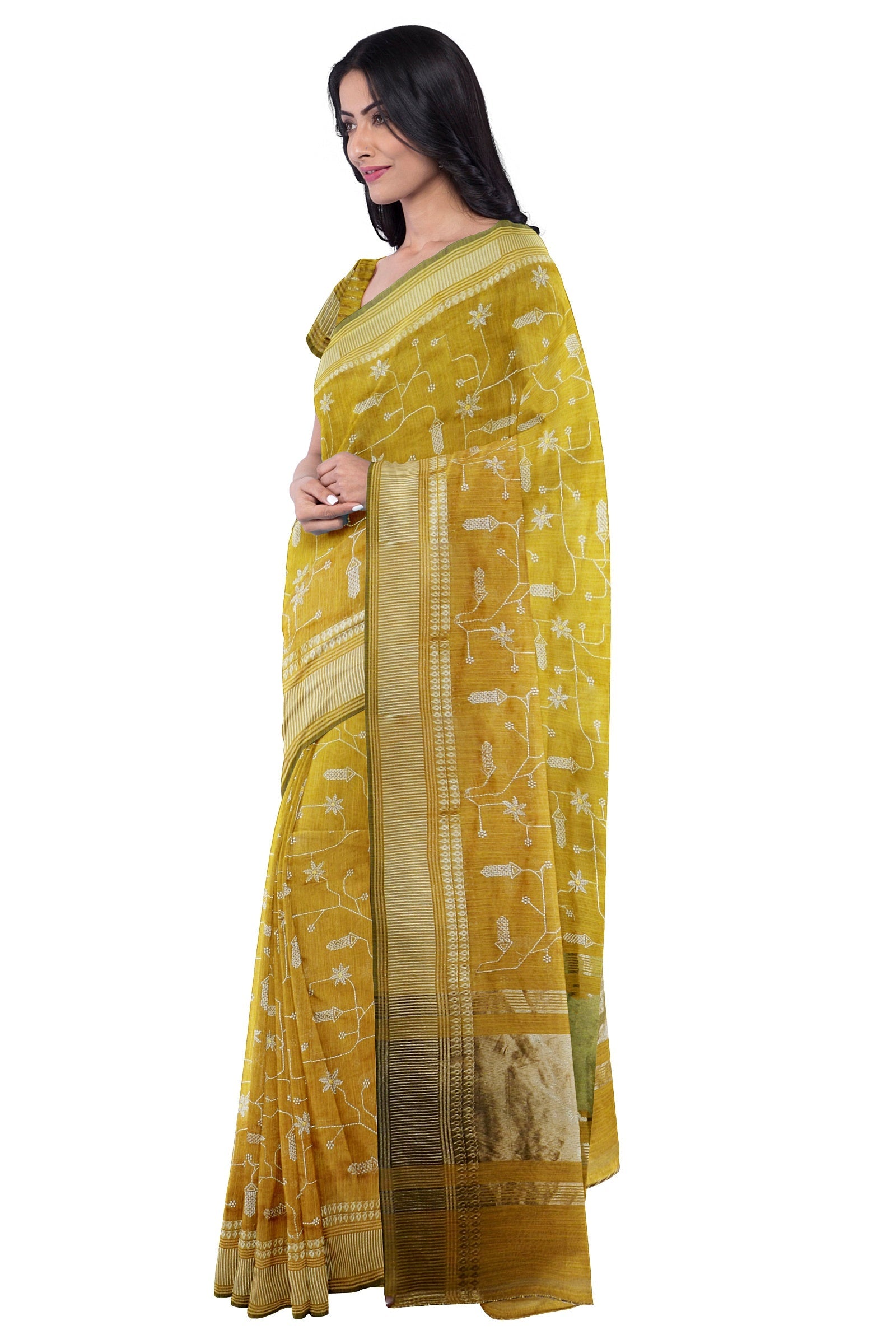 Mustard Threadwork Cotton Saree 