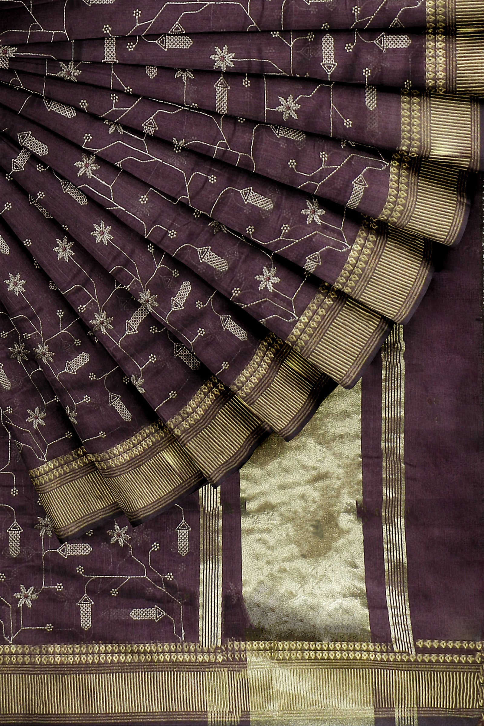 Wine Threadwork Cotton Saree 