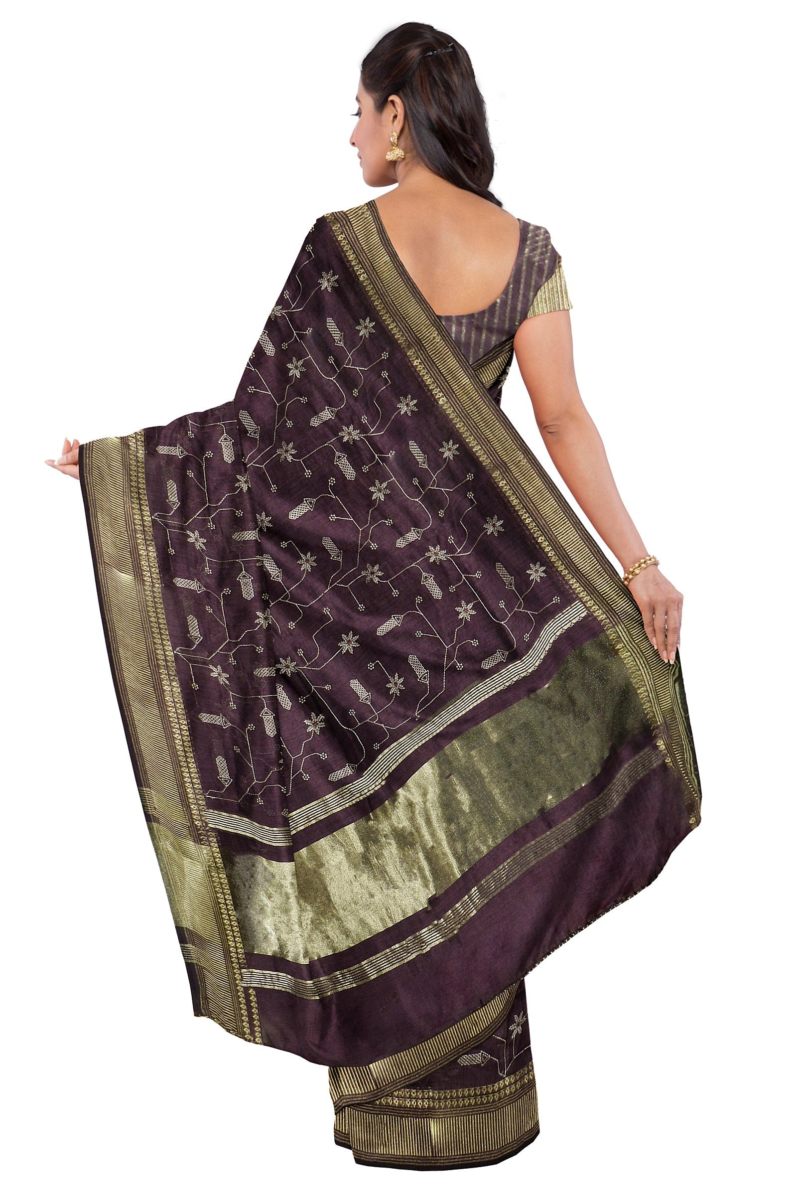 Wine Threadwork Cotton Saree 