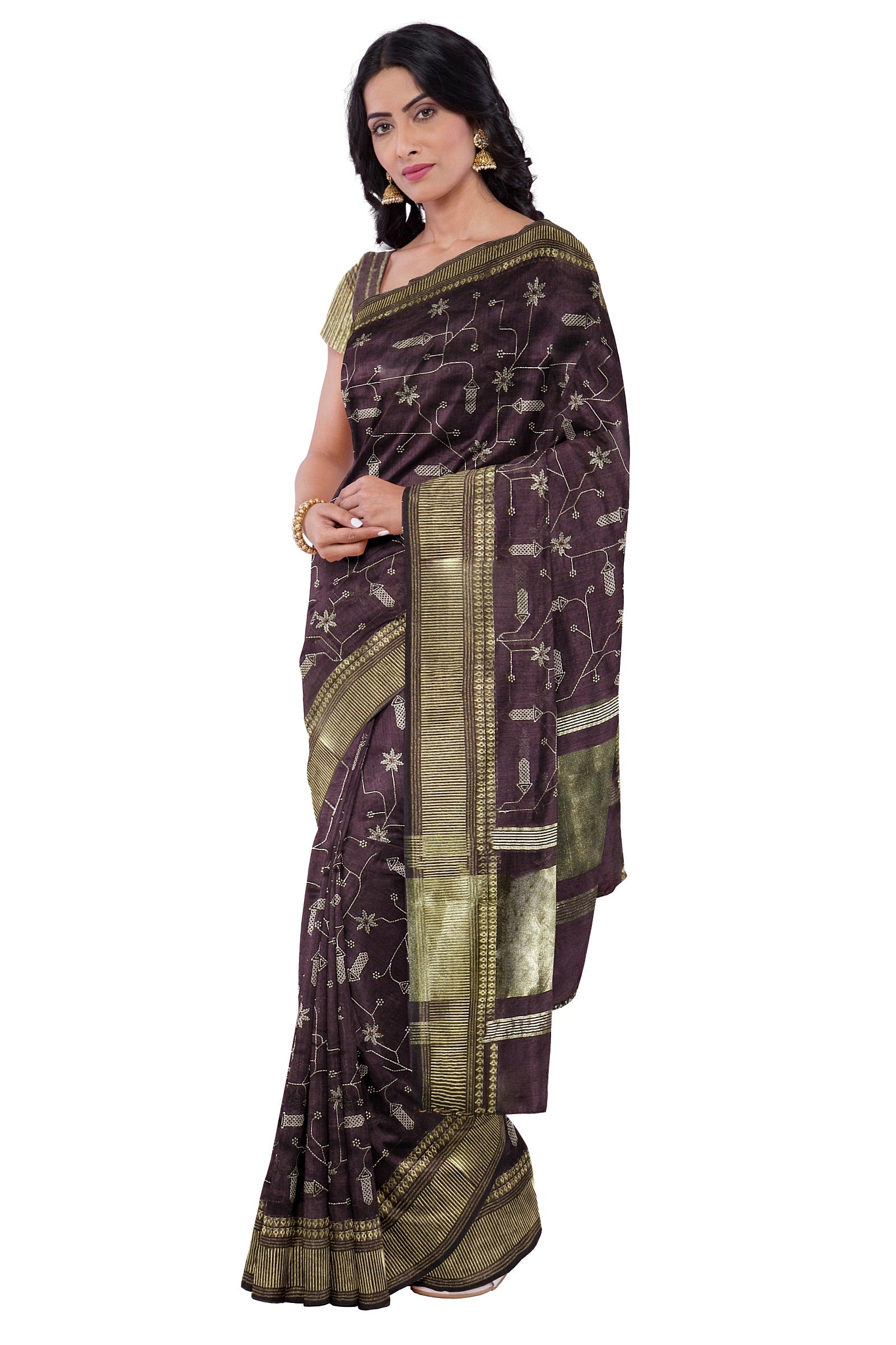 Wine Threadwork Cotton Saree 