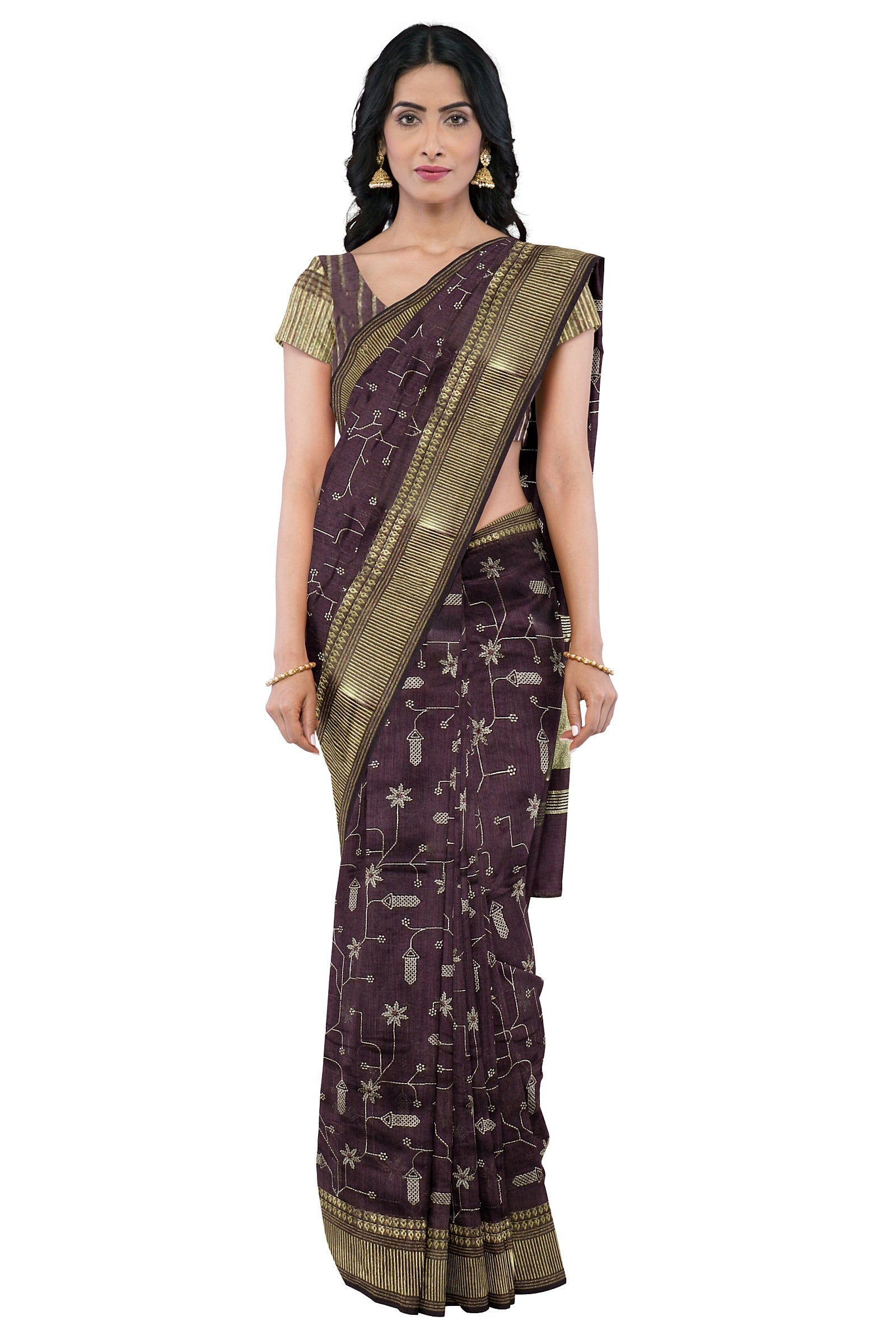Wine Threadwork Cotton Saree 