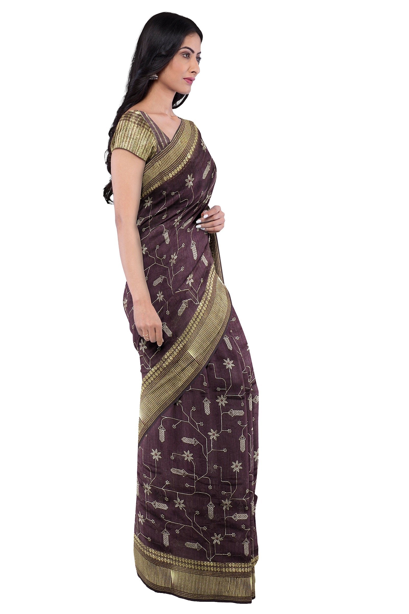 Wine Threadwork Cotton Saree - Kajree