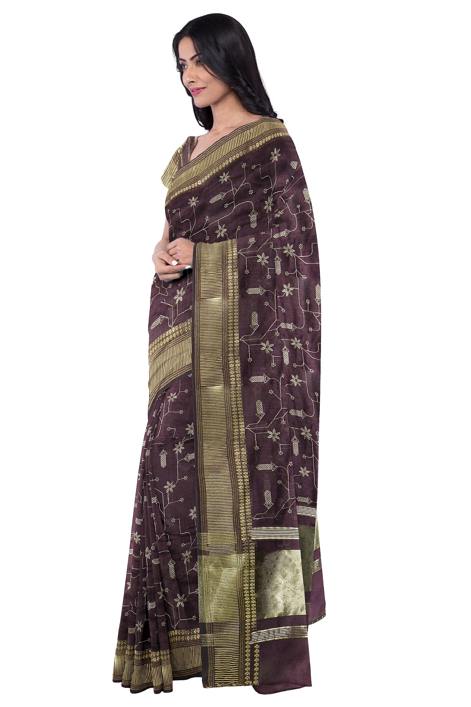 Wine Threadwork Cotton Saree 