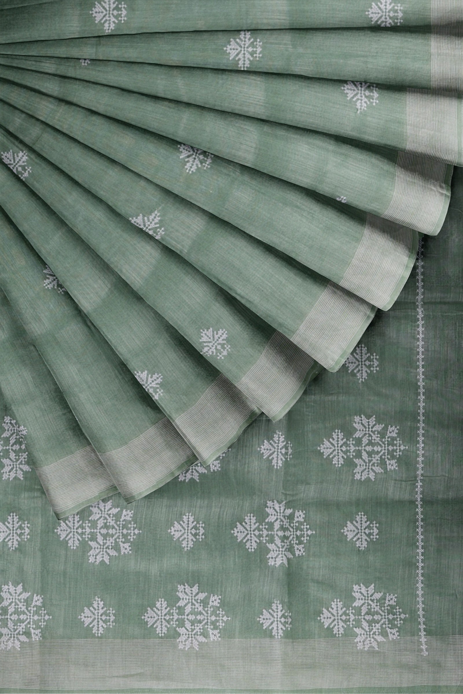 Pista Green Threadwork Linen Saree 