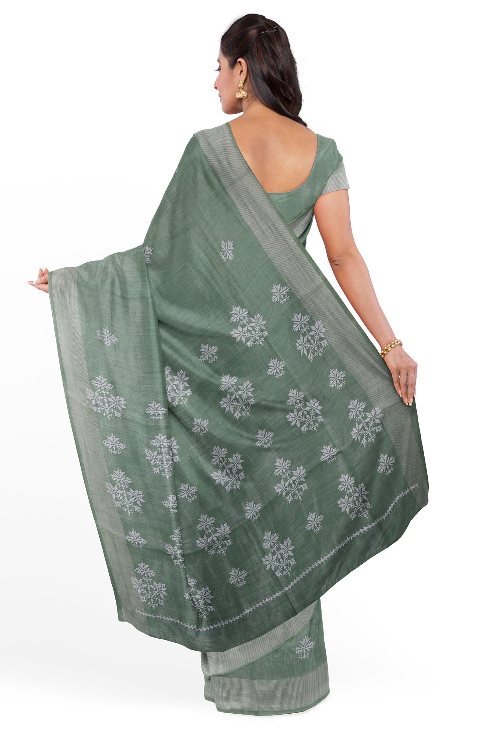 Pista Green Threadwork Linen Saree 