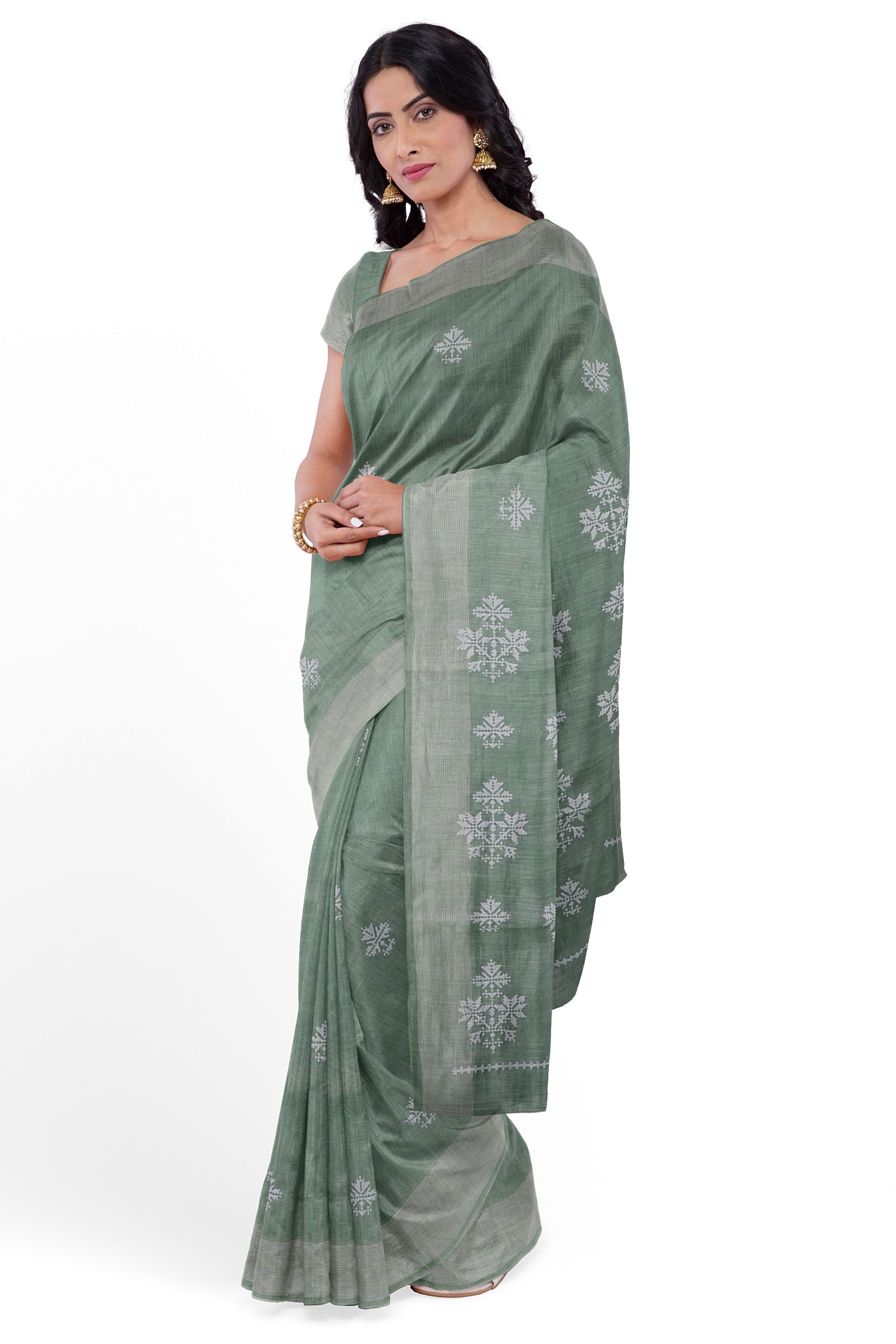Pista Green Threadwork Linen Saree 