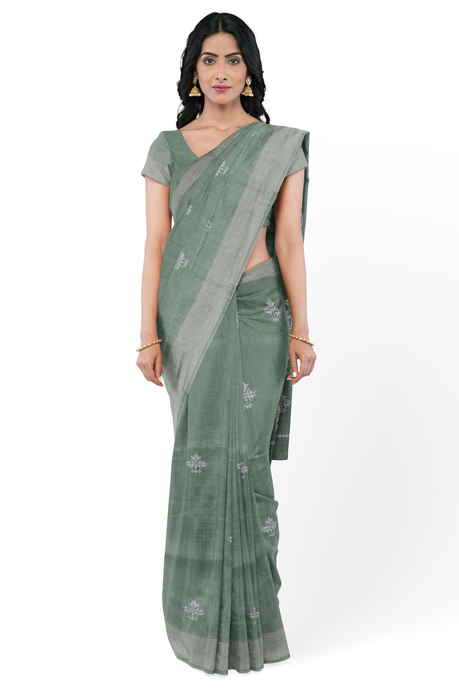 Pista Green Threadwork Linen Saree 