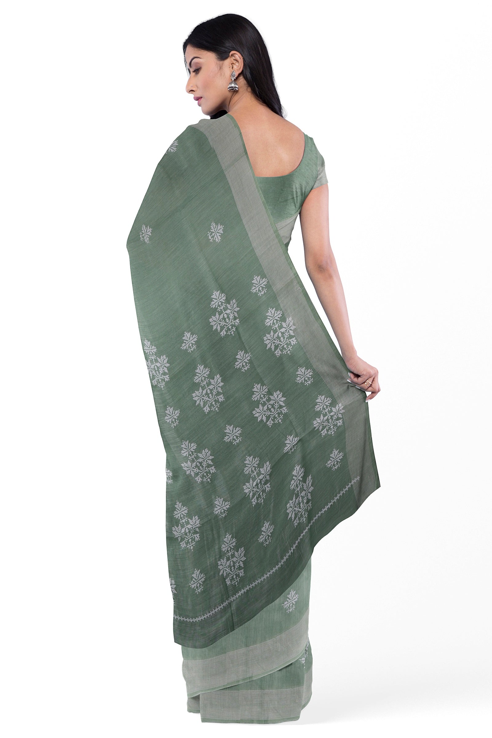 Pista Green Threadwork Linen Saree 