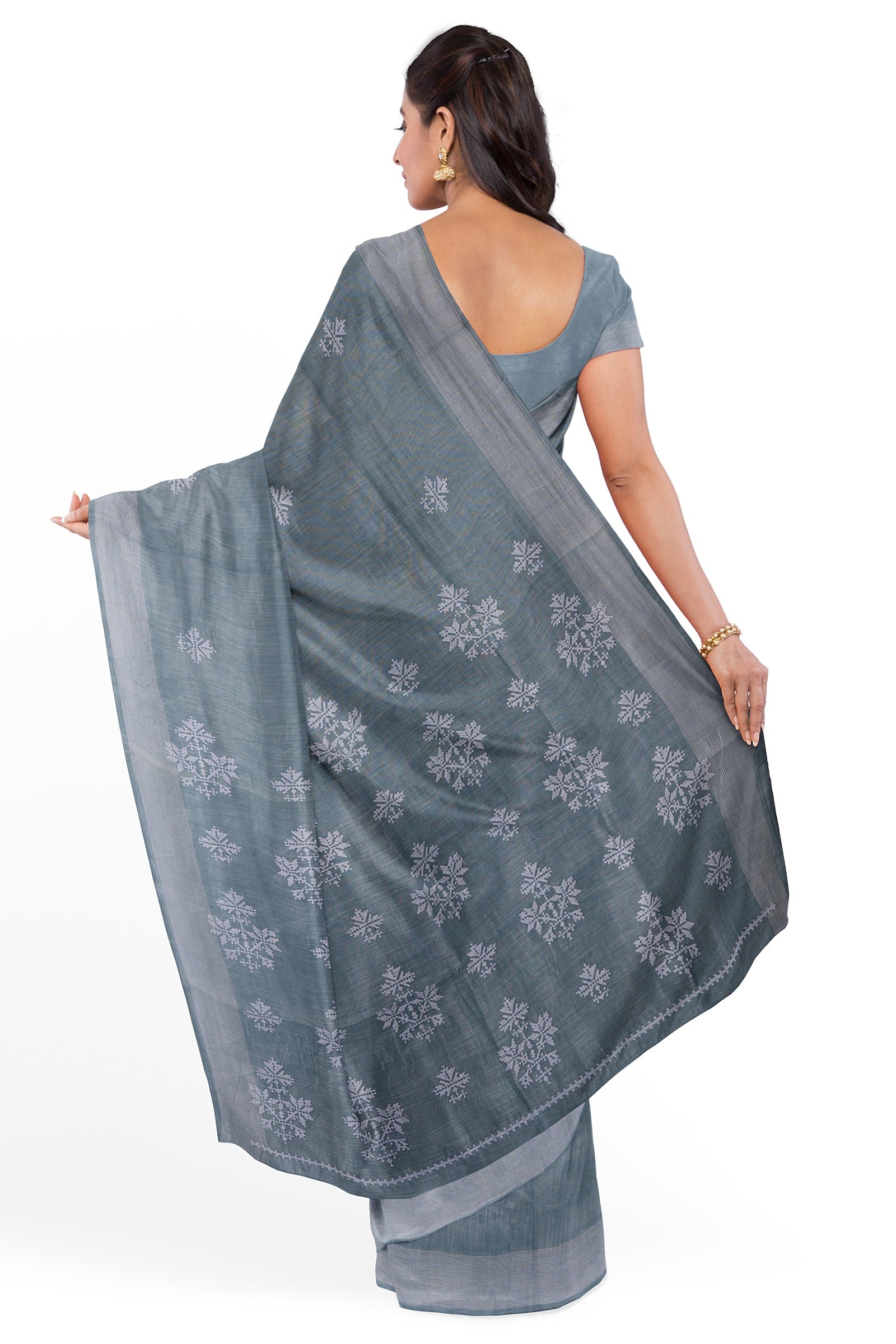 Steel Grey Threadwork Linen Saree 