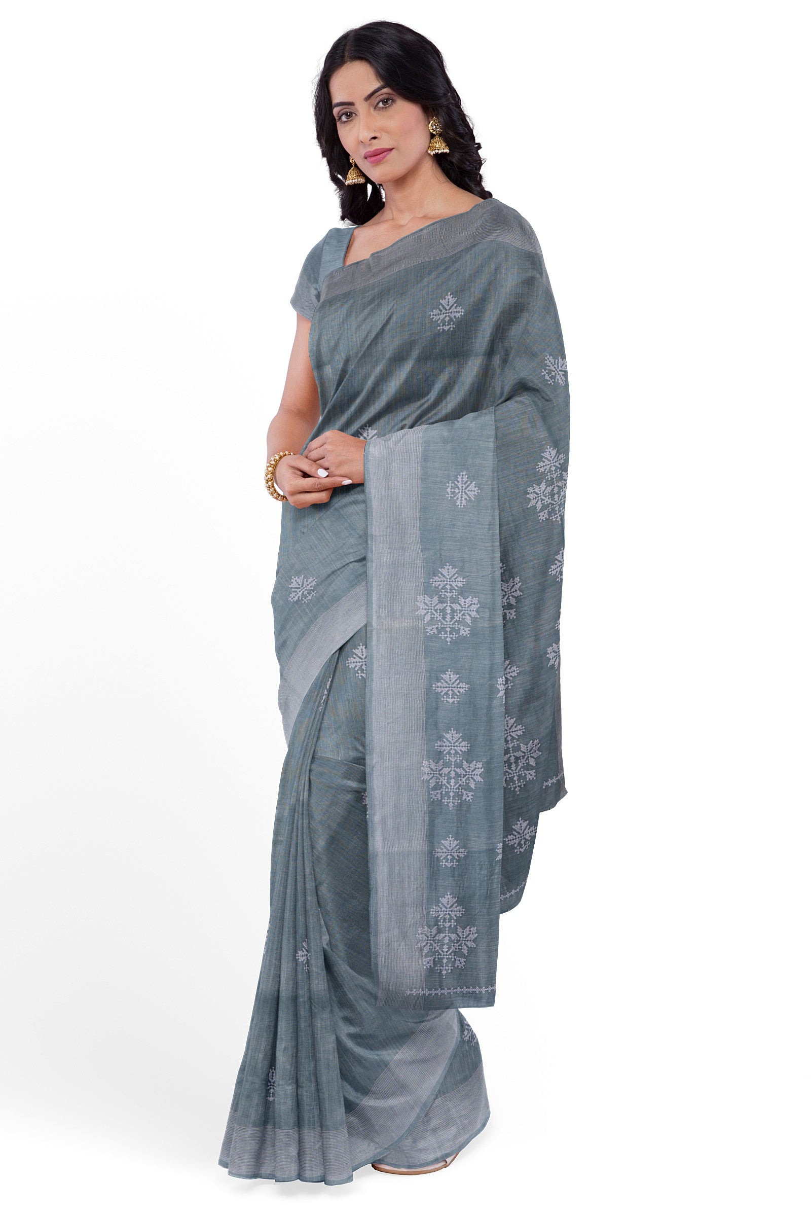 Steel Grey Threadwork Linen Saree 
