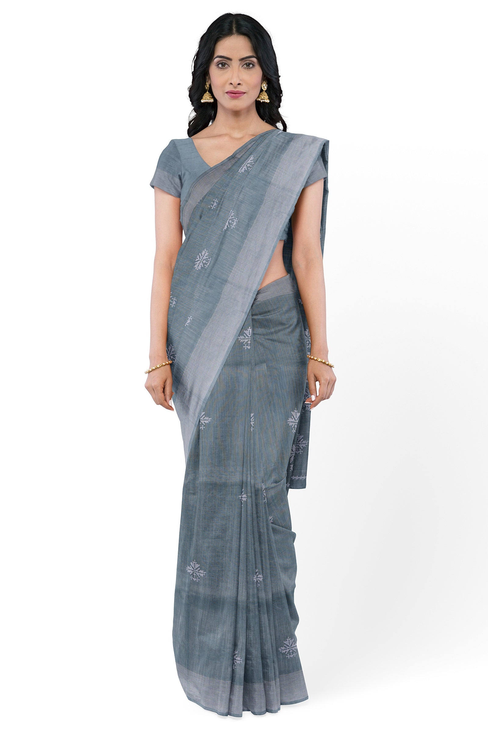 Steel Grey Threadwork Linen Saree 