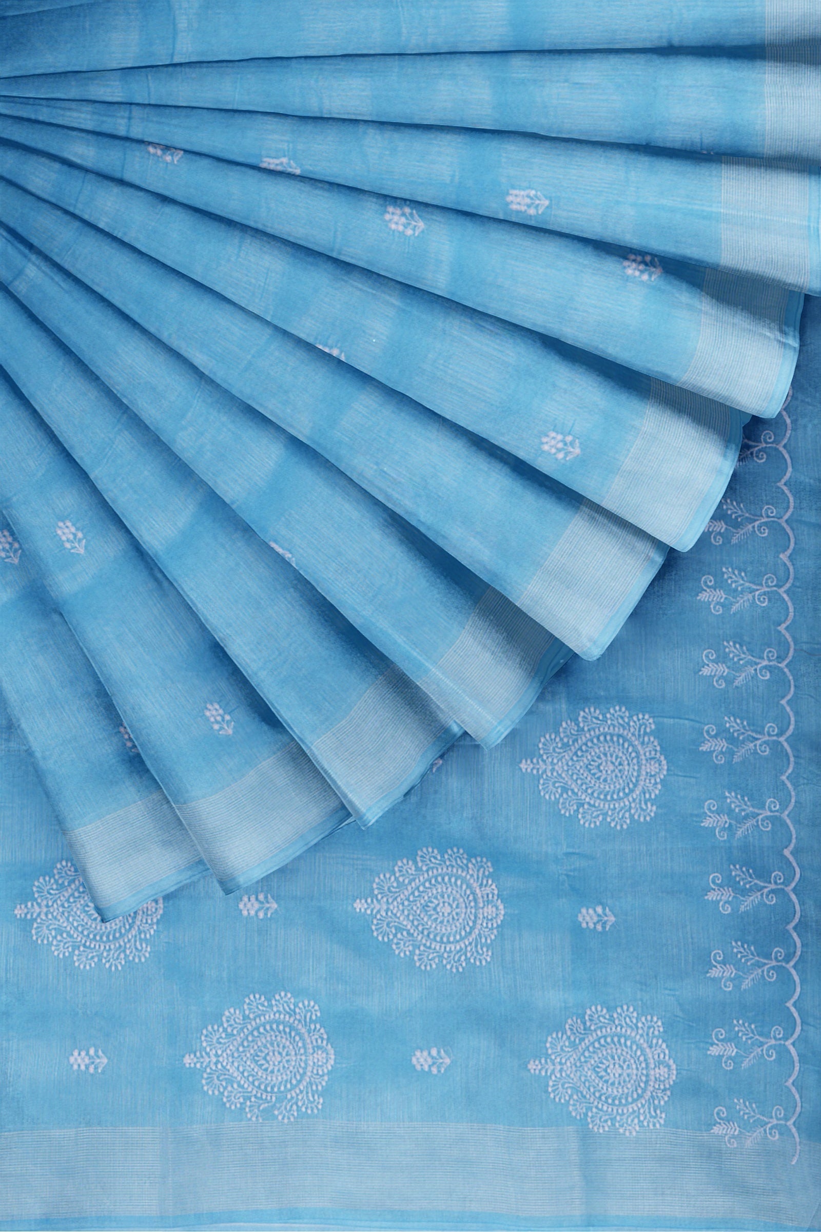 Sky Blue Threadwork Linen Saree 