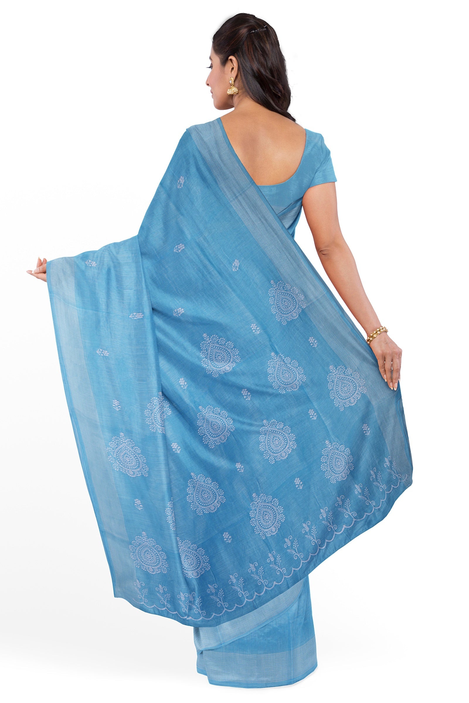 Sky Blue Threadwork Linen Saree 