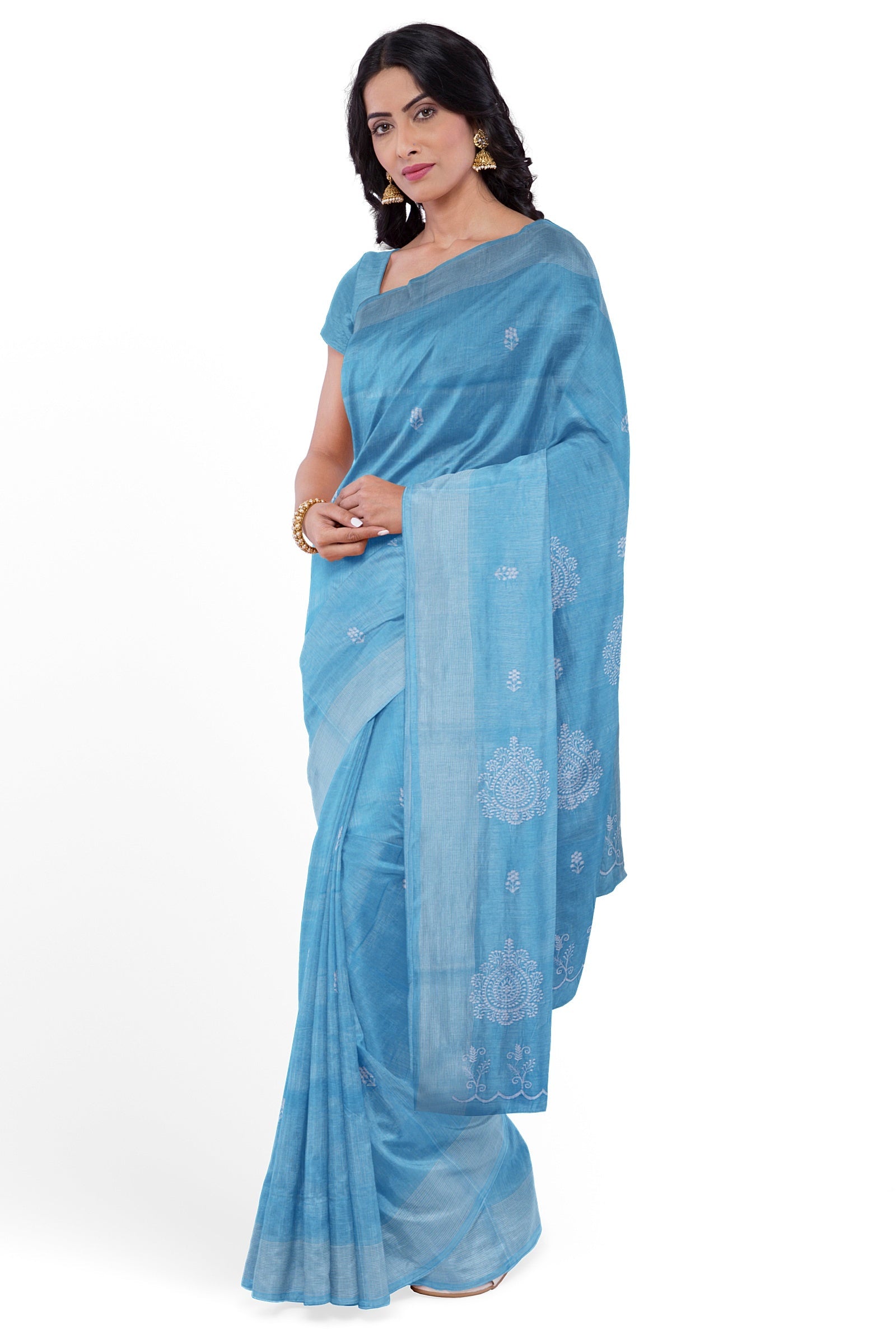 Sky Blue Threadwork Linen Saree 