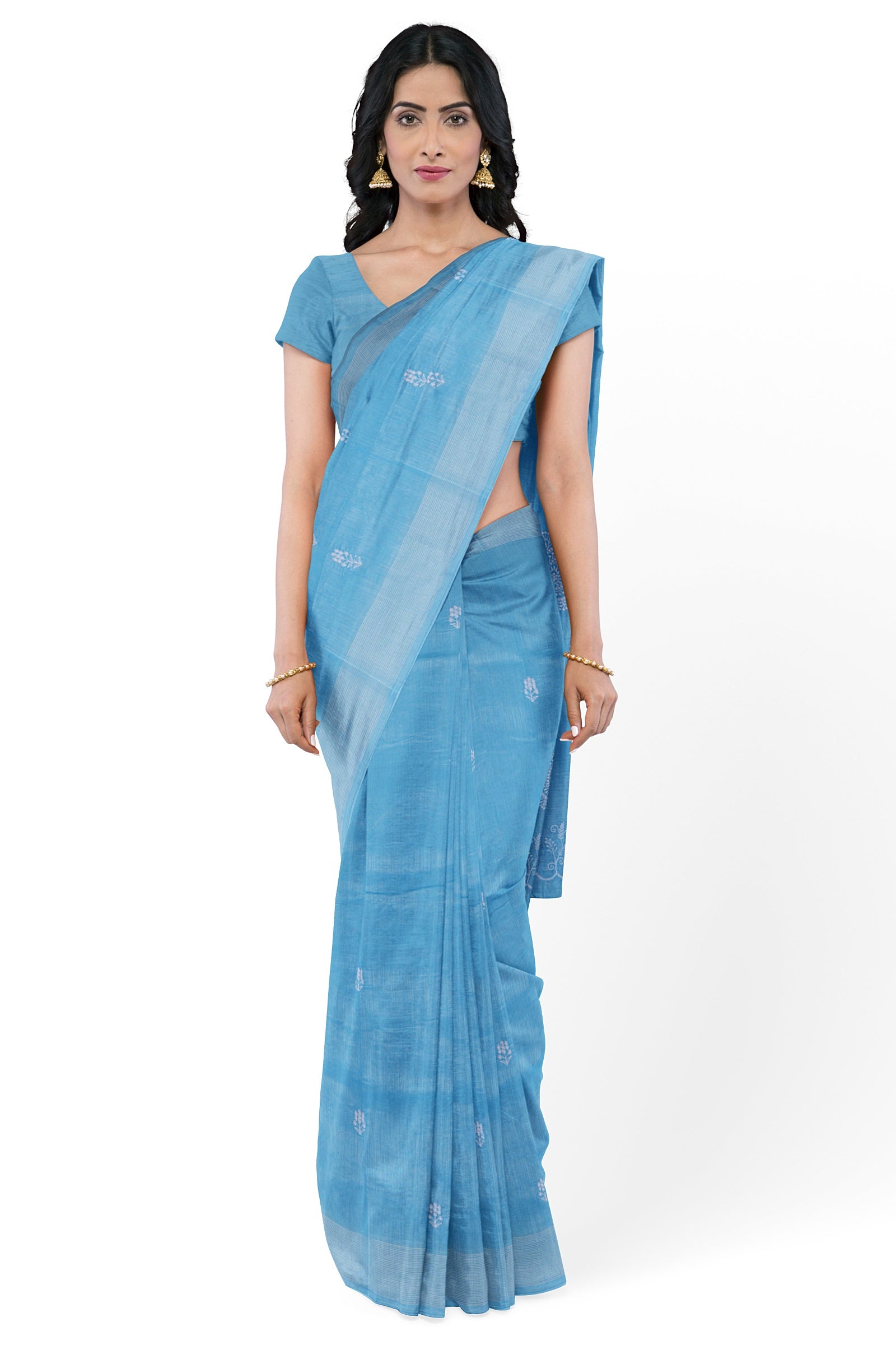 Sky Blue Threadwork Linen Saree 