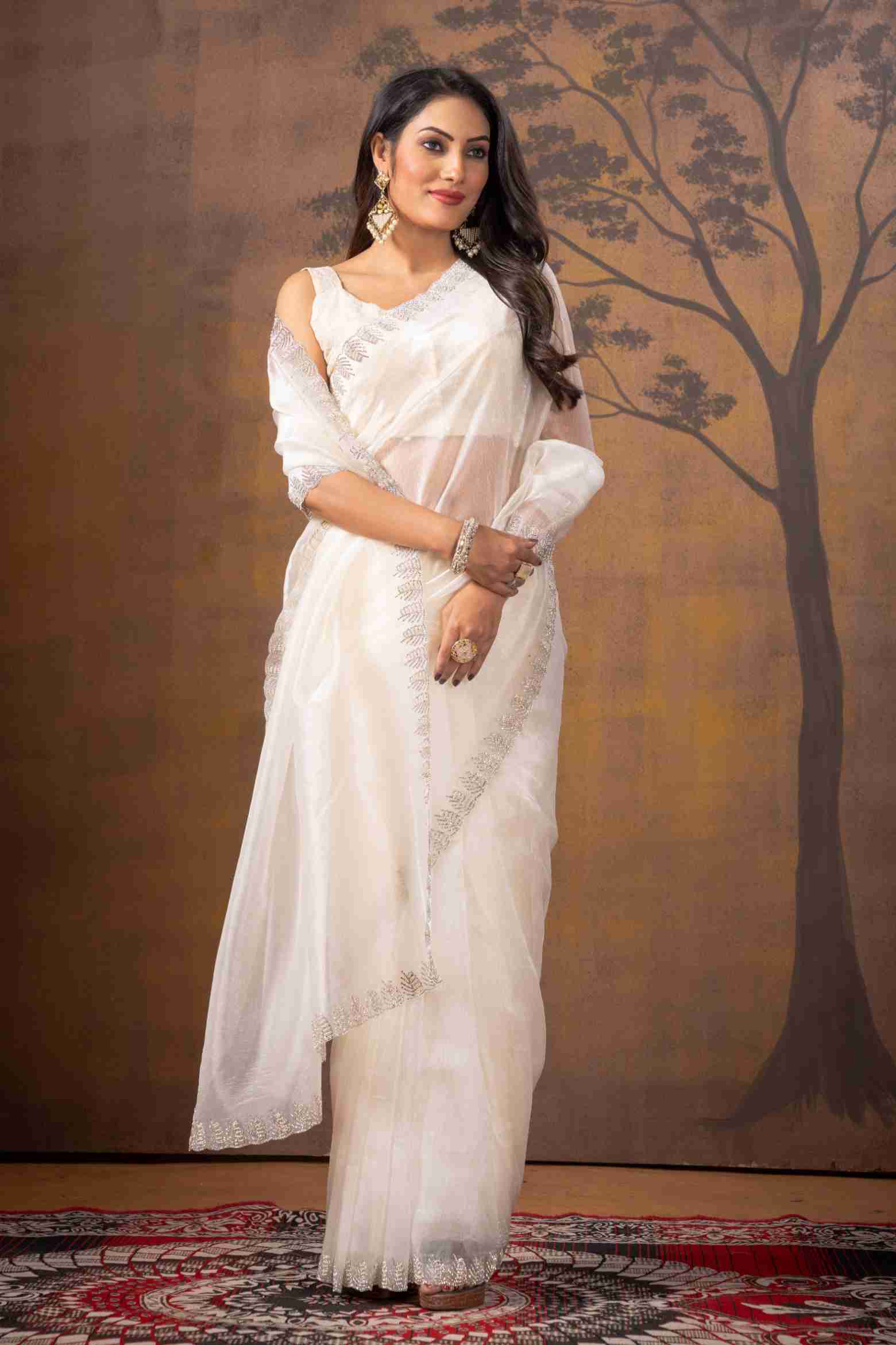White Stonework Net Saree - KAJREE
