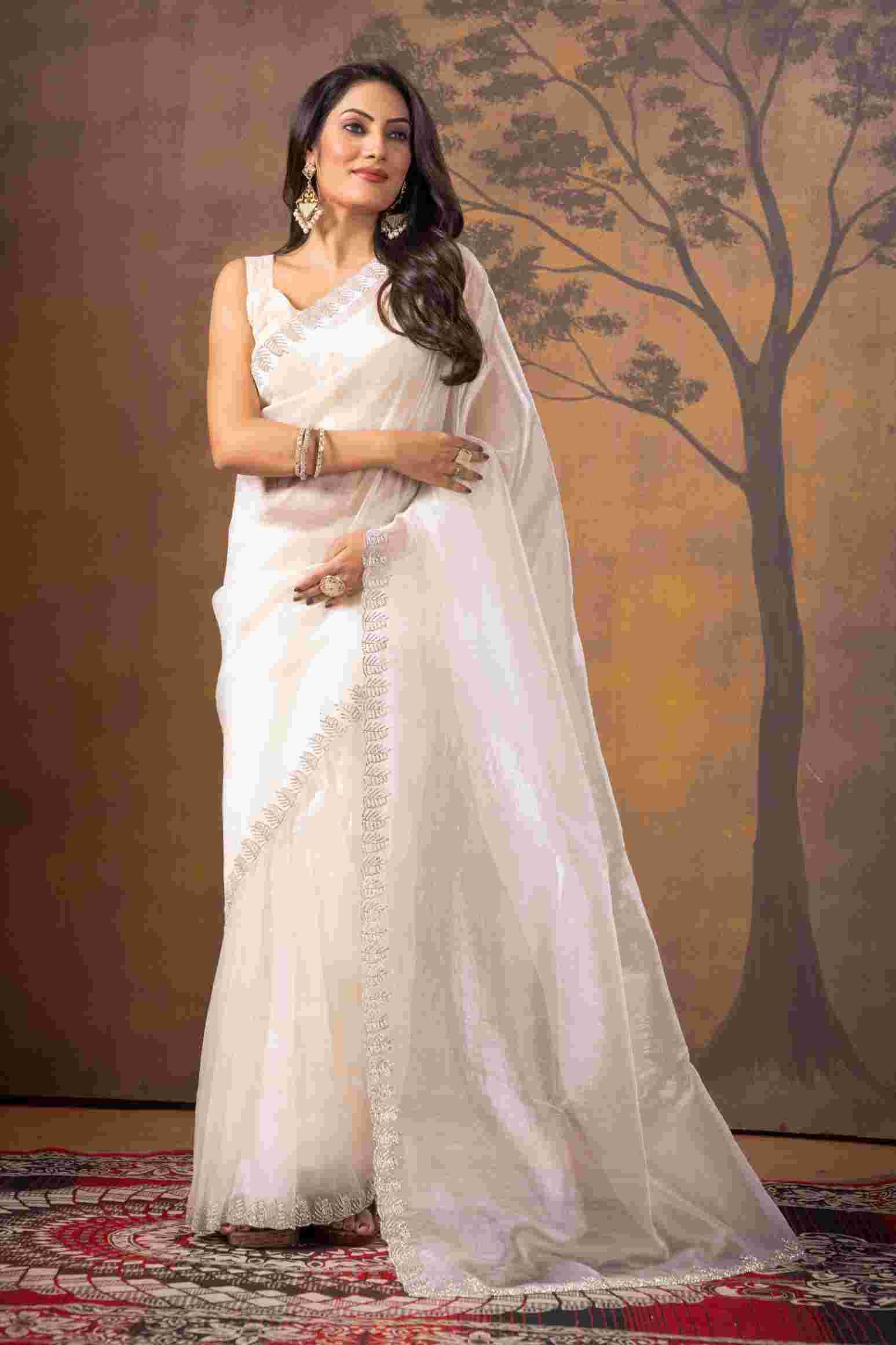 White Stonework Net Saree - KAJREE