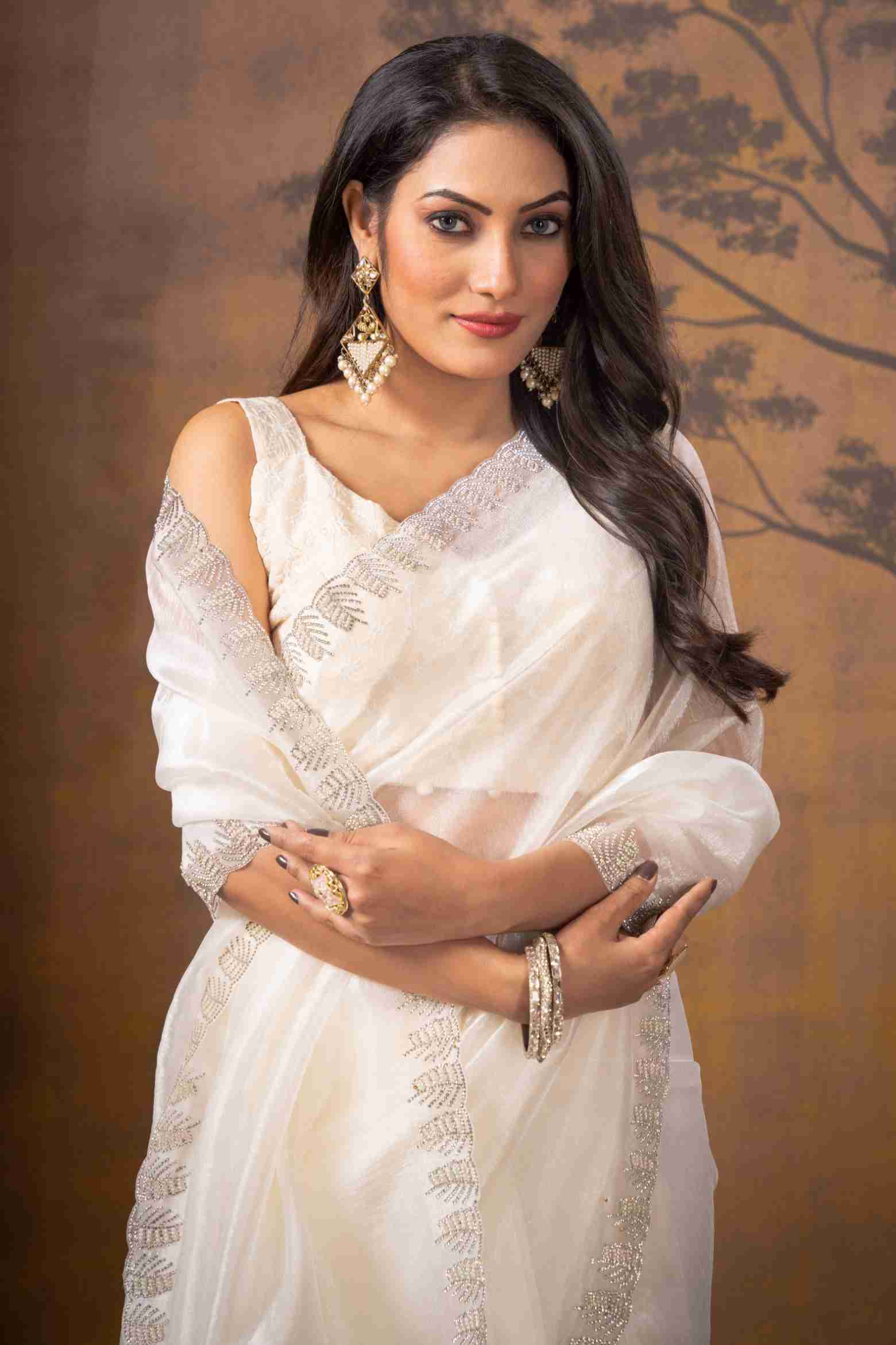 White Stonework Net Saree - KAJREE