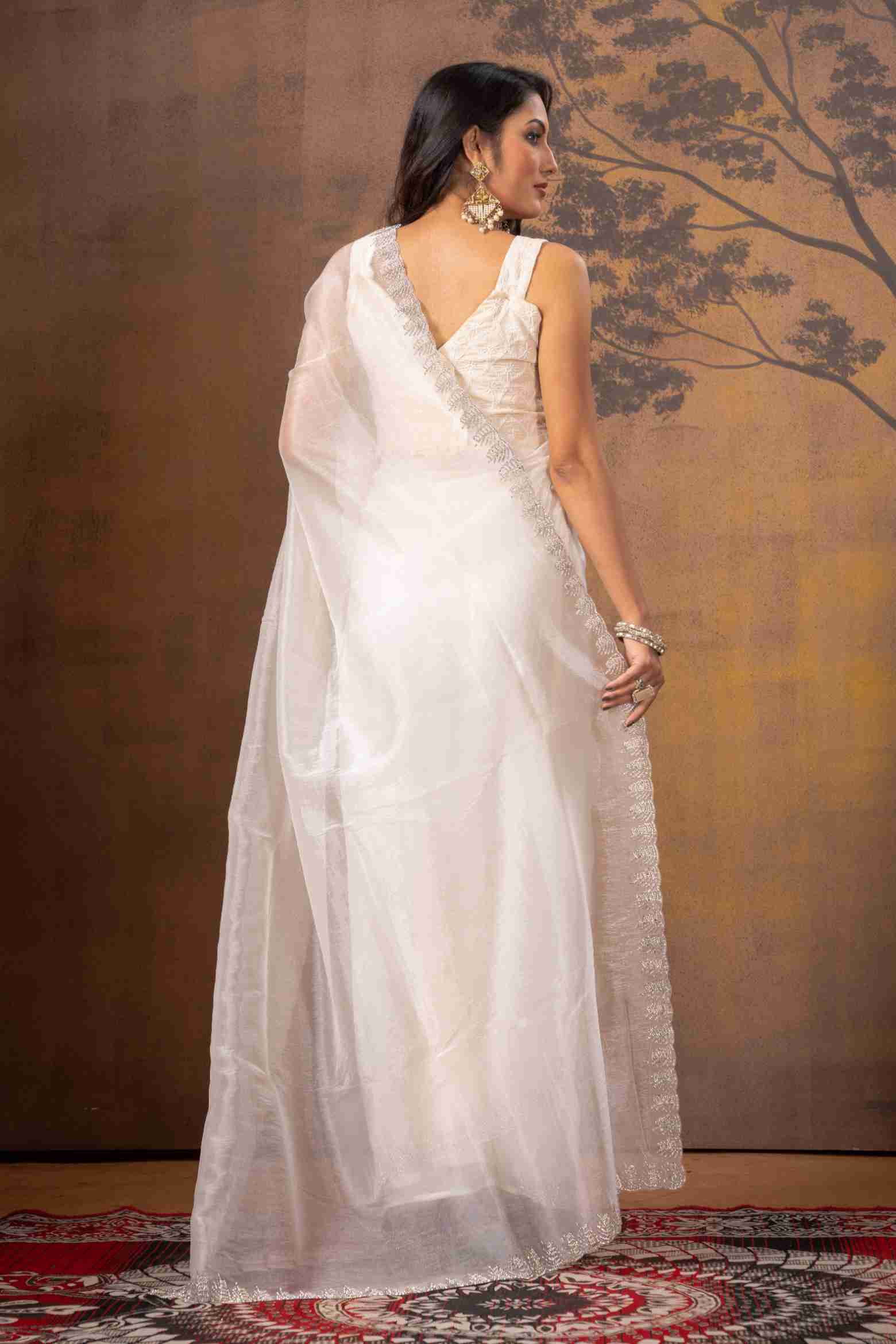 White Stonework Net Saree - KAJREE