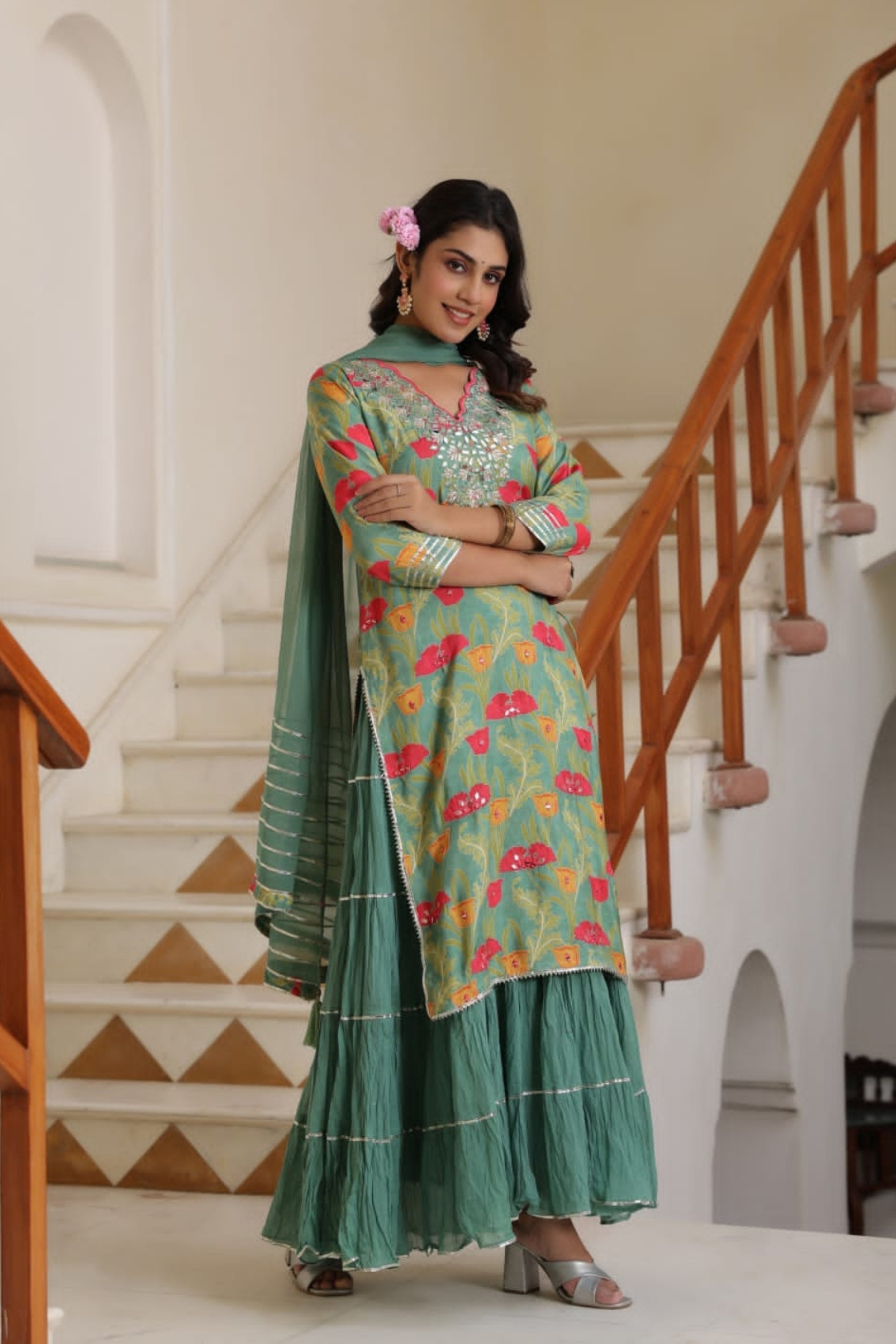 Green Lacework block print Muslim Palazzo Set 