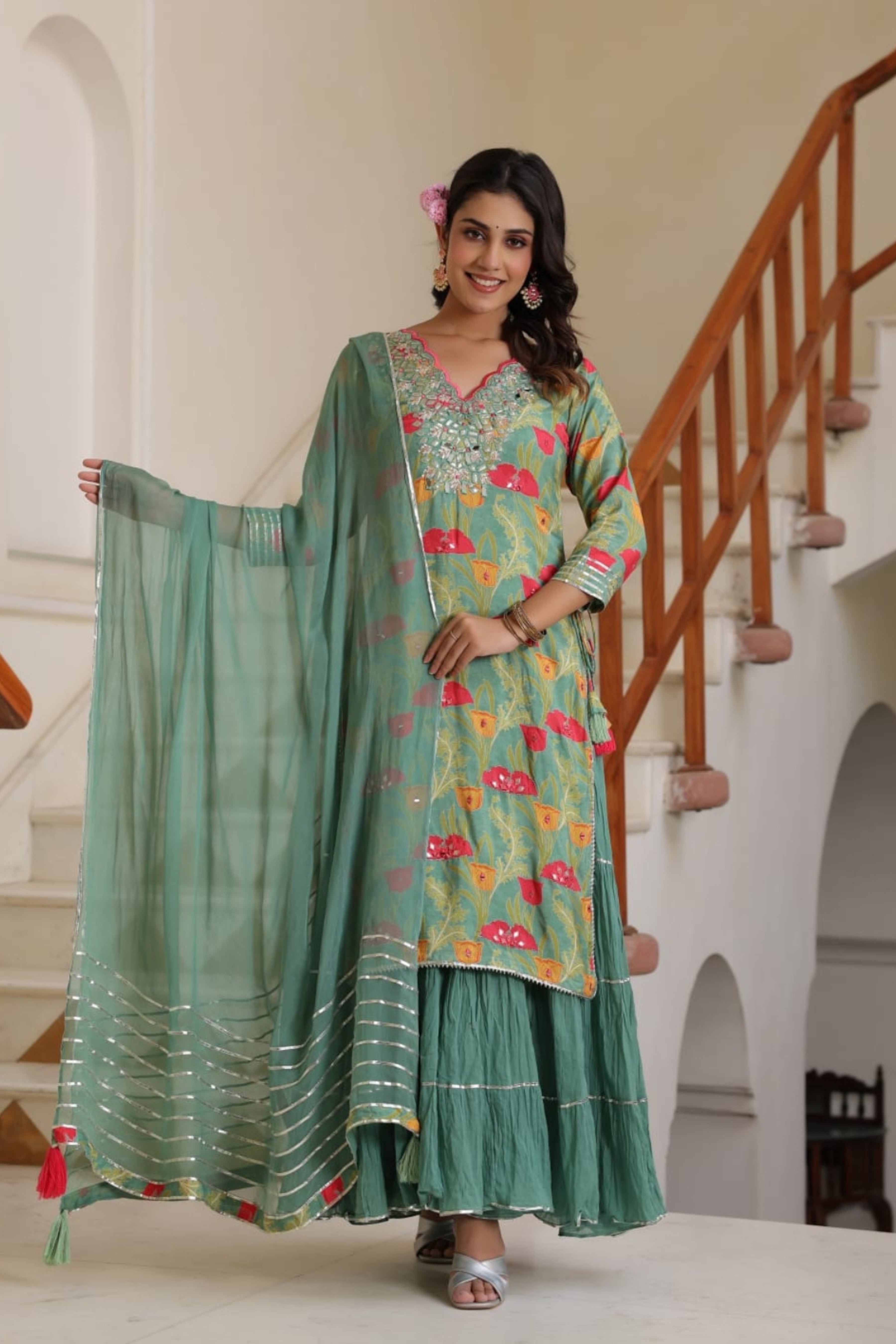 Green Lacework block print Muslim Palazzo Set 