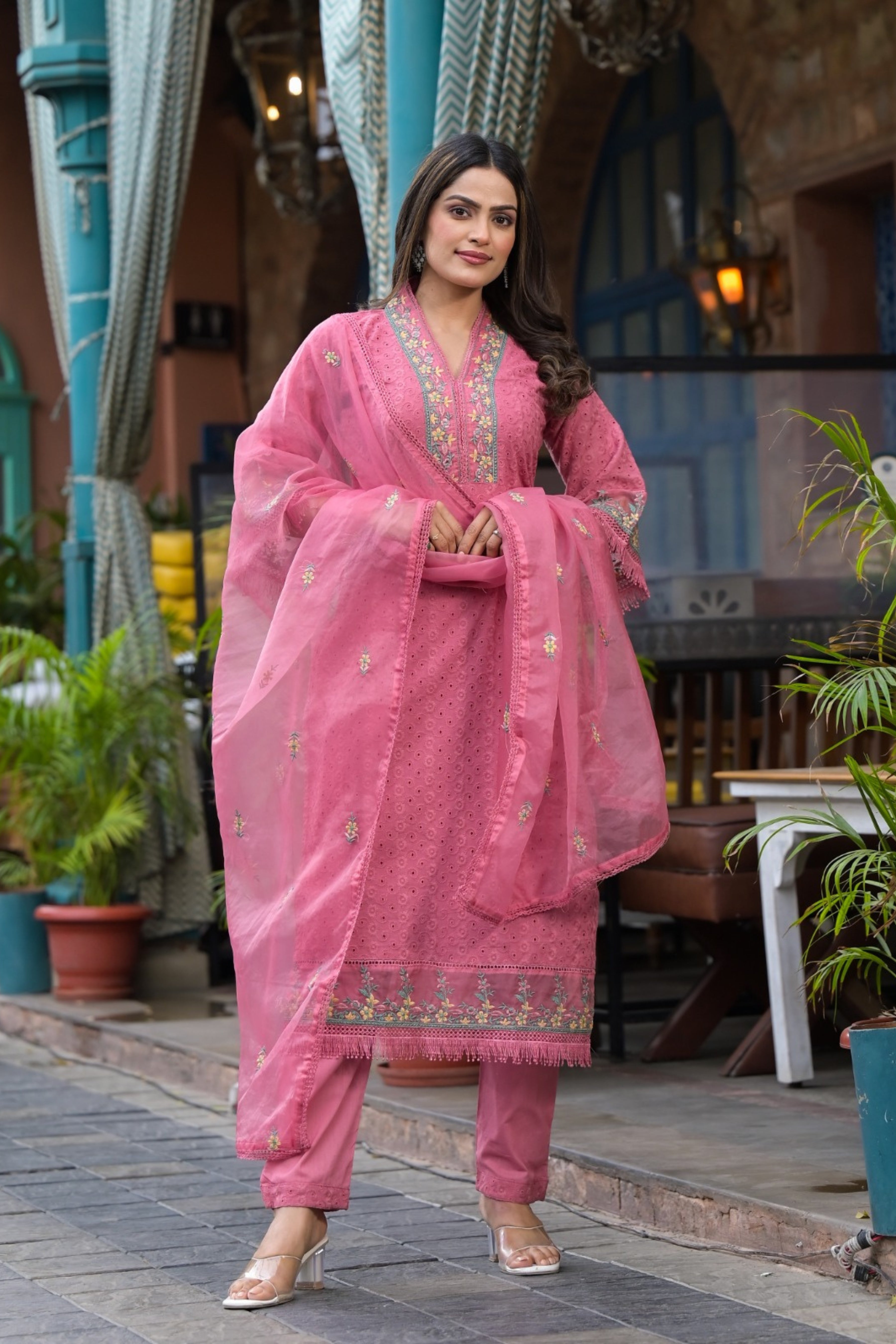Pink Cotton shifli Threadwork Kurta Set - KAJREE