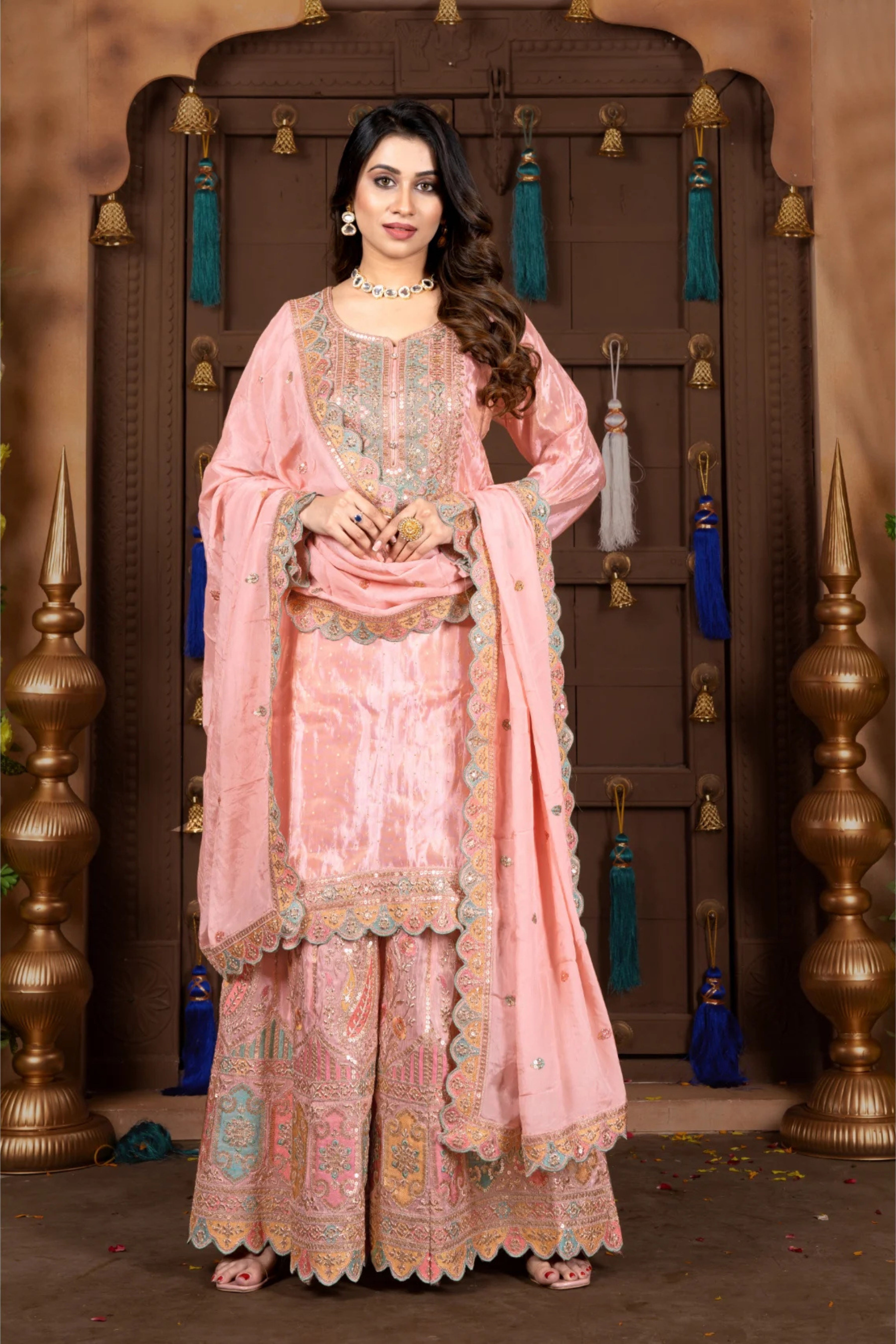 Pink Stonework Silk Garara Set 