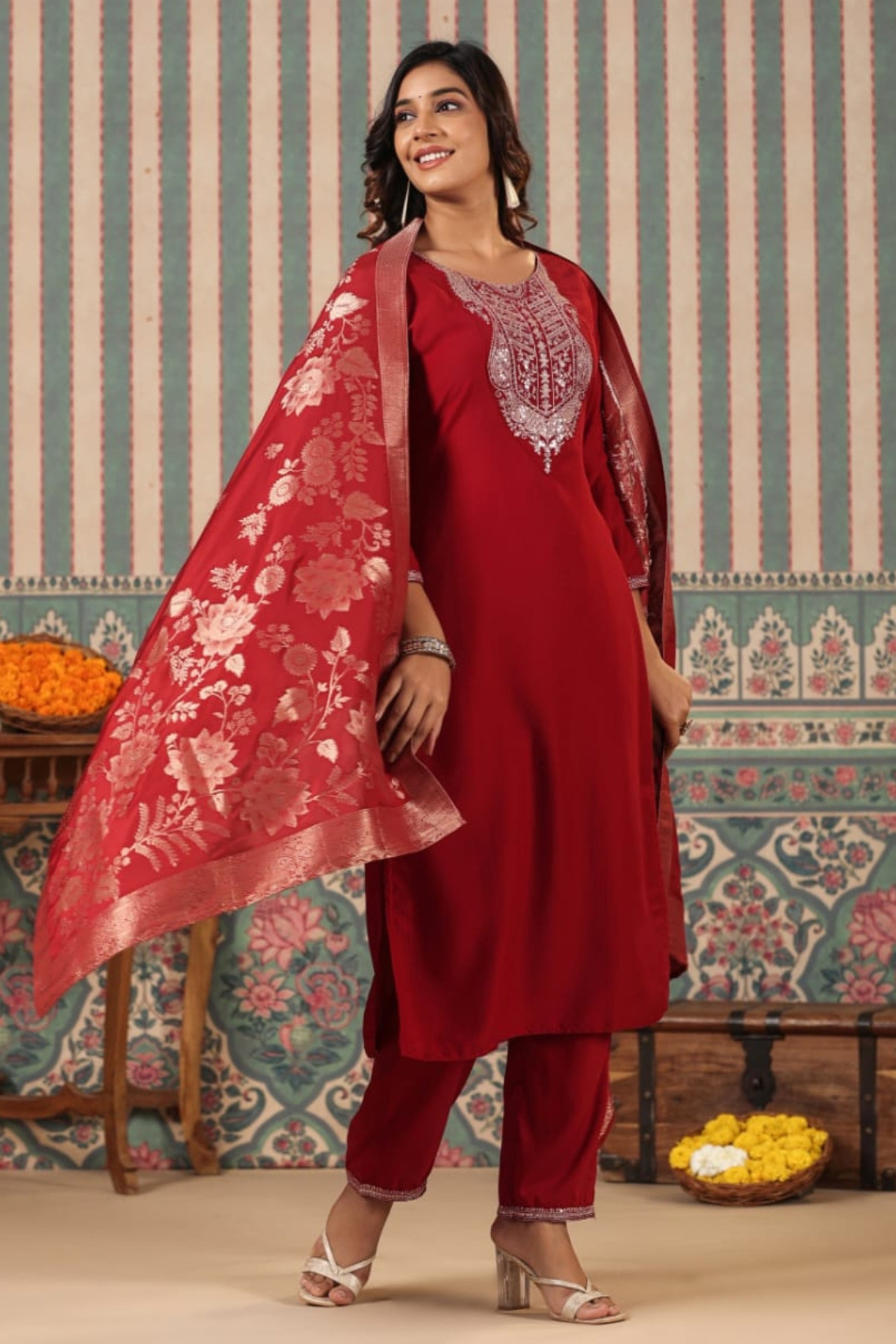 Red Threadwork Cotton Kurta Set 
