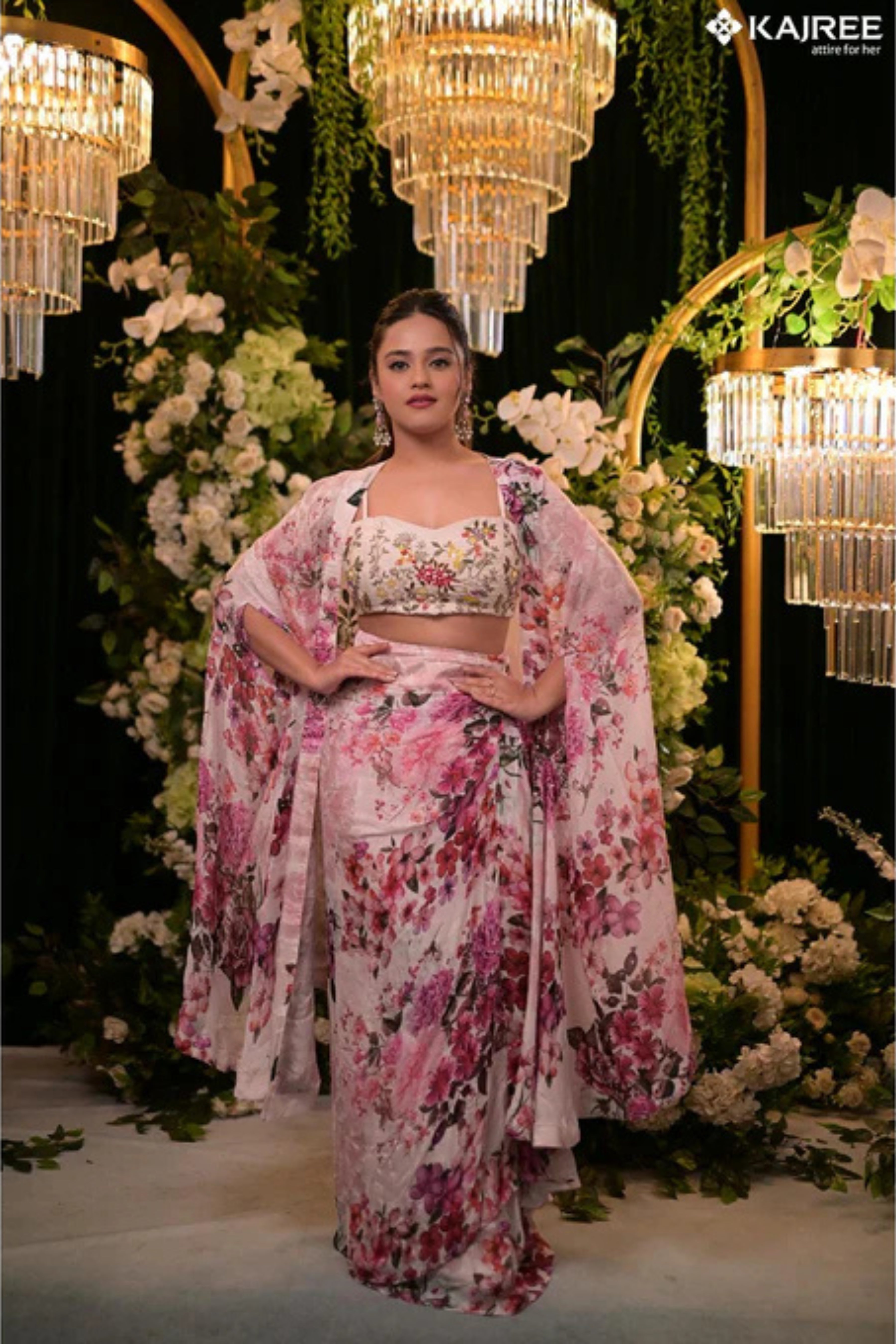 Pink Block print hand embroidery Silk Jacket Palazzo Set 