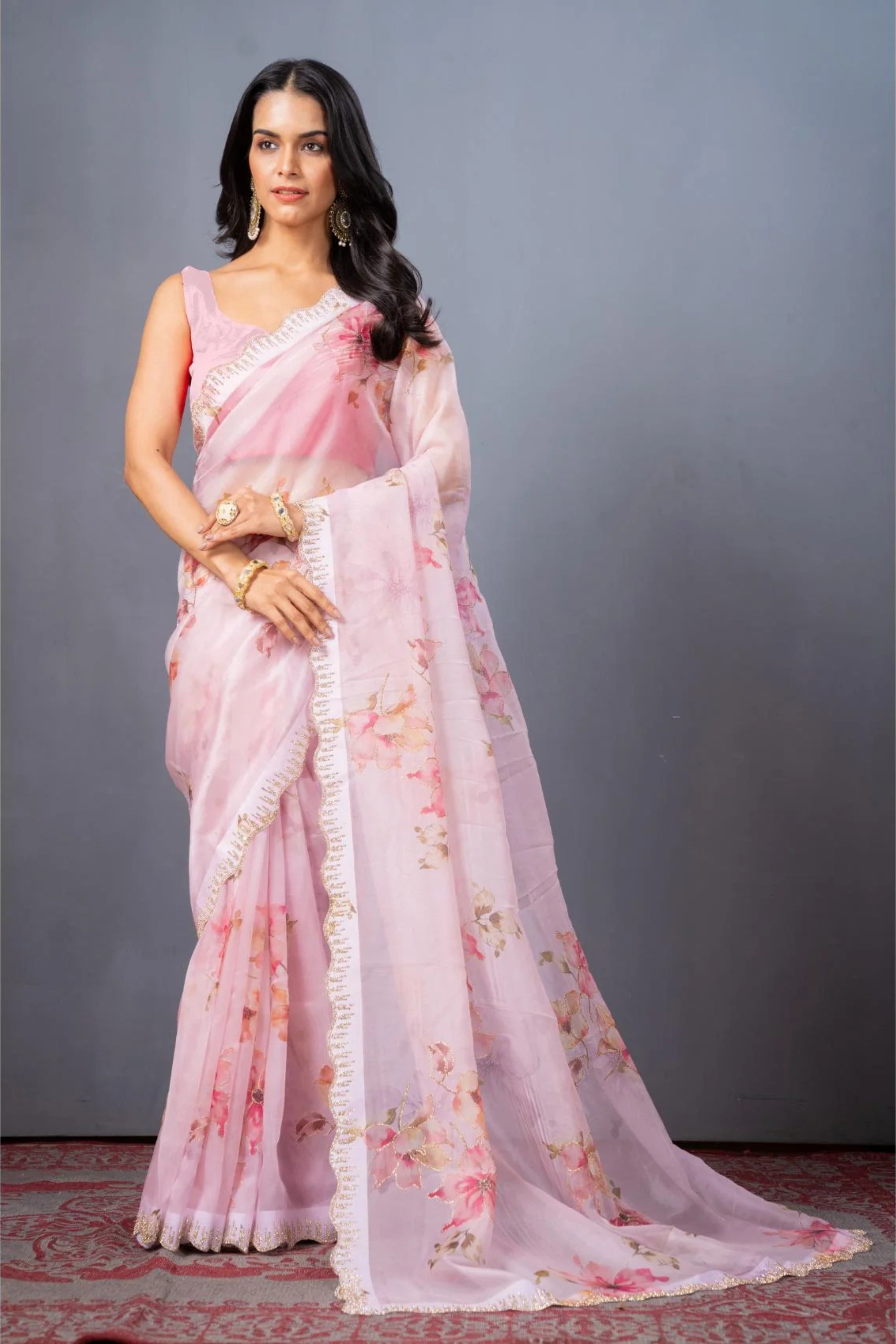 Pink Block print Stonework Organza Saree - kajree